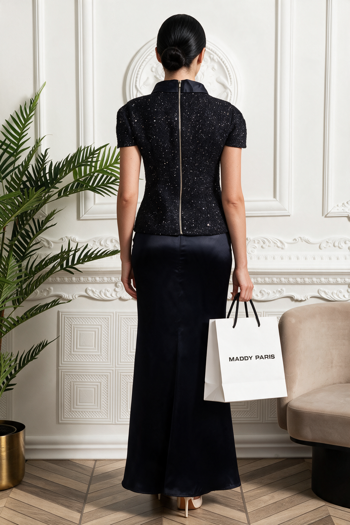 Co-Ord Set with Tweed Embellished Top and Satin Maxi Skirt - Navy