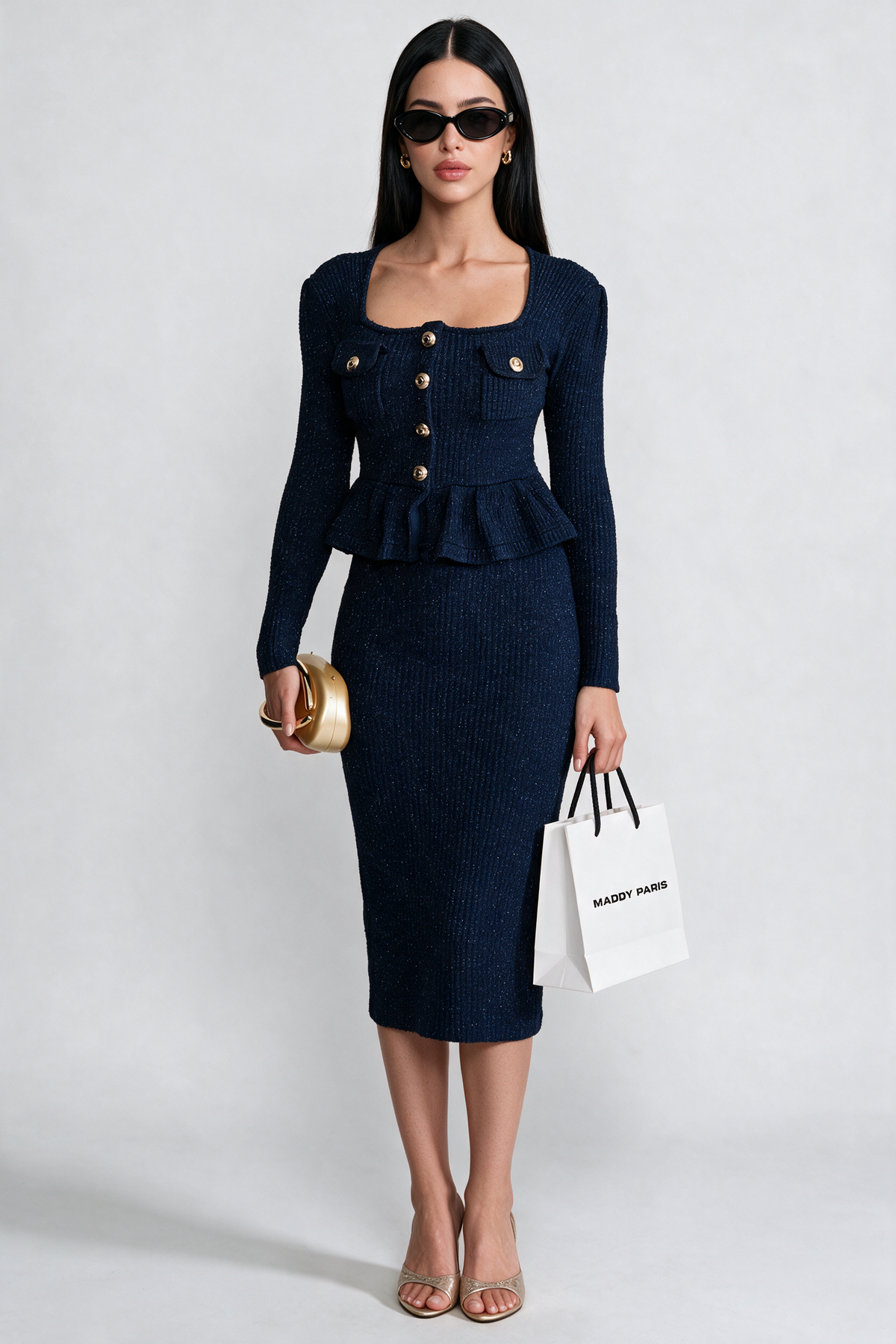 Textured Knit Dress with Peplum Waist and Gold Buttons - Dark Blue