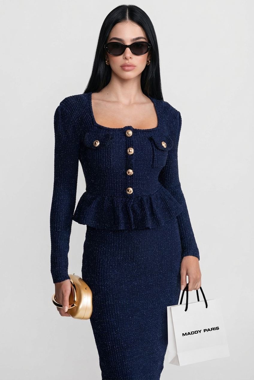 Textured Knit Dress with Peplum Waist and Gold Buttons - Dark Blue