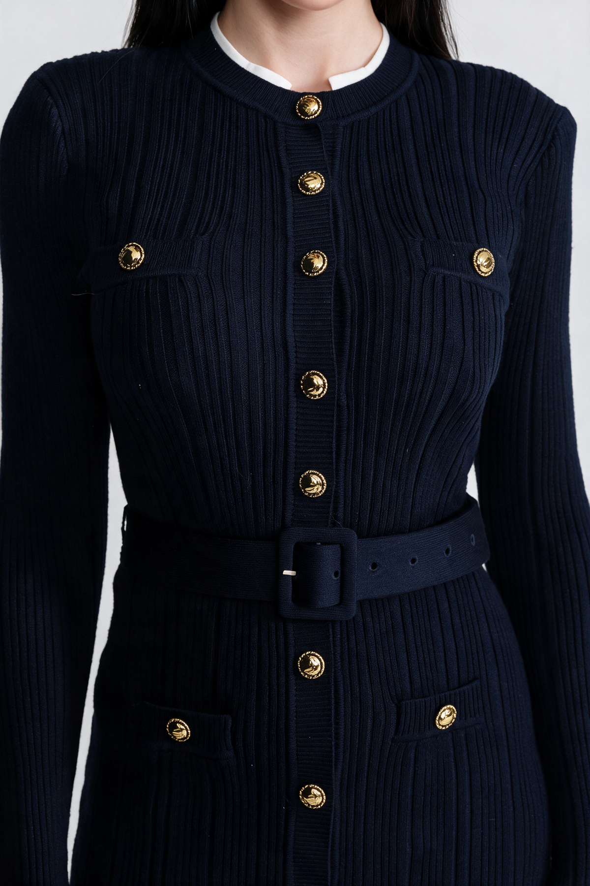 Ribbed Knit Midi Dress with Gold Button Fastening - Dark Blue