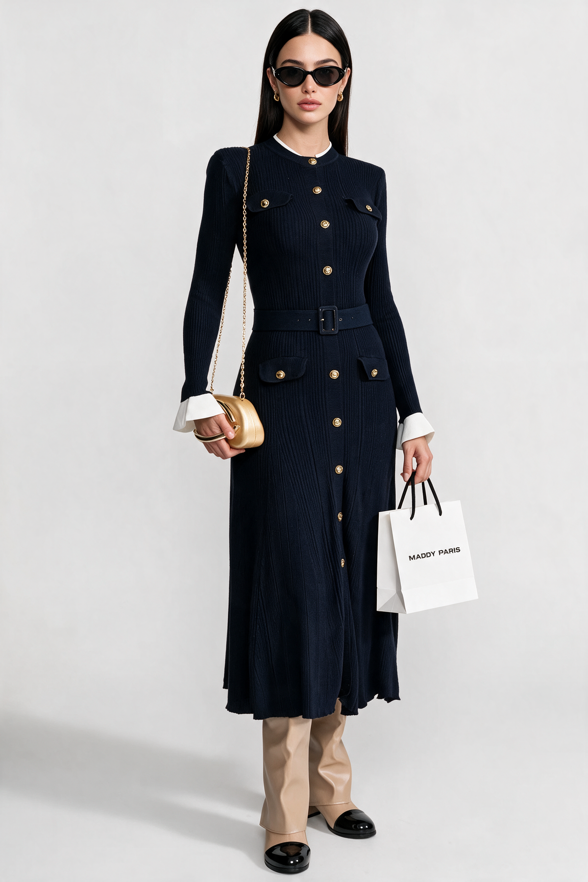 Ribbed Knit Midi Dress with Gold Button Fastening - Dark Blue