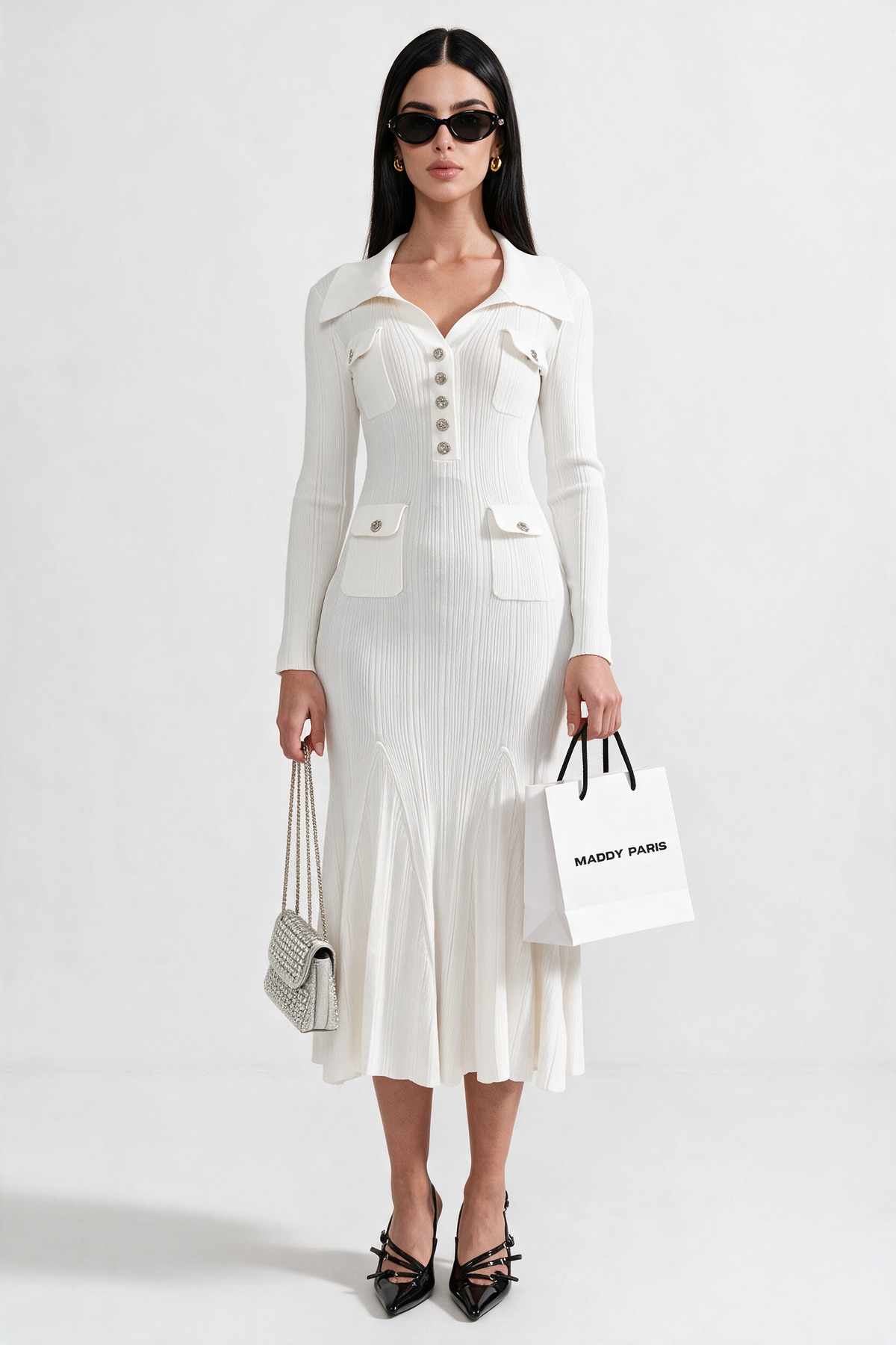 Elegant Ribbed Dress With Long Sleeves - White