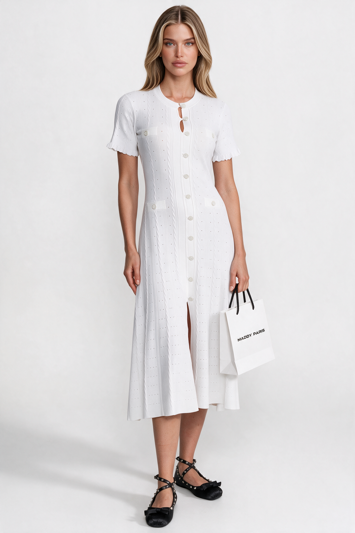 Knit Button-Front Midi Dress with Scalloped Sleeves – White