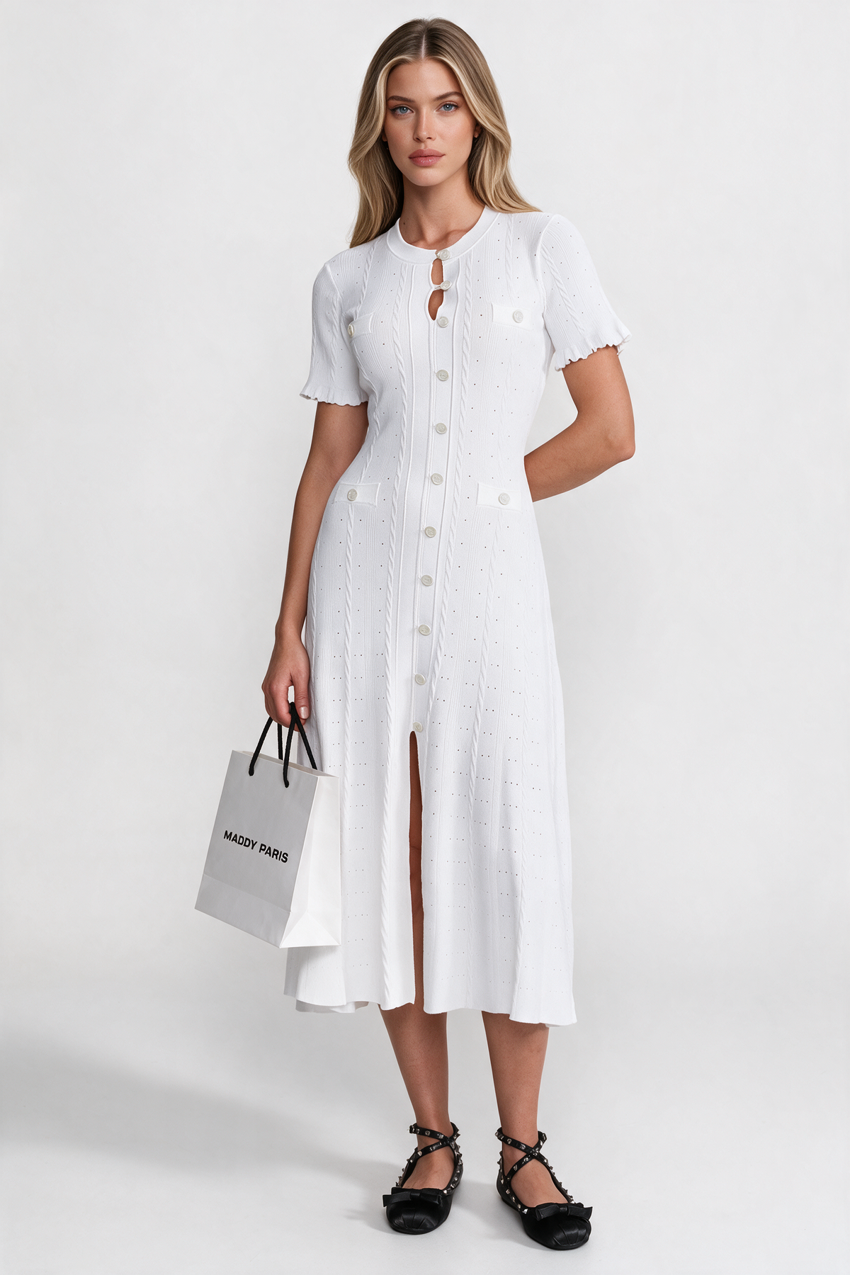 Knit Button-Front Midi Dress with Scalloped Sleeves – White