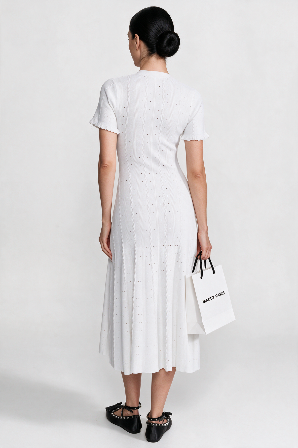 Knit Button-Front Midi Dress with Scalloped Sleeves – White