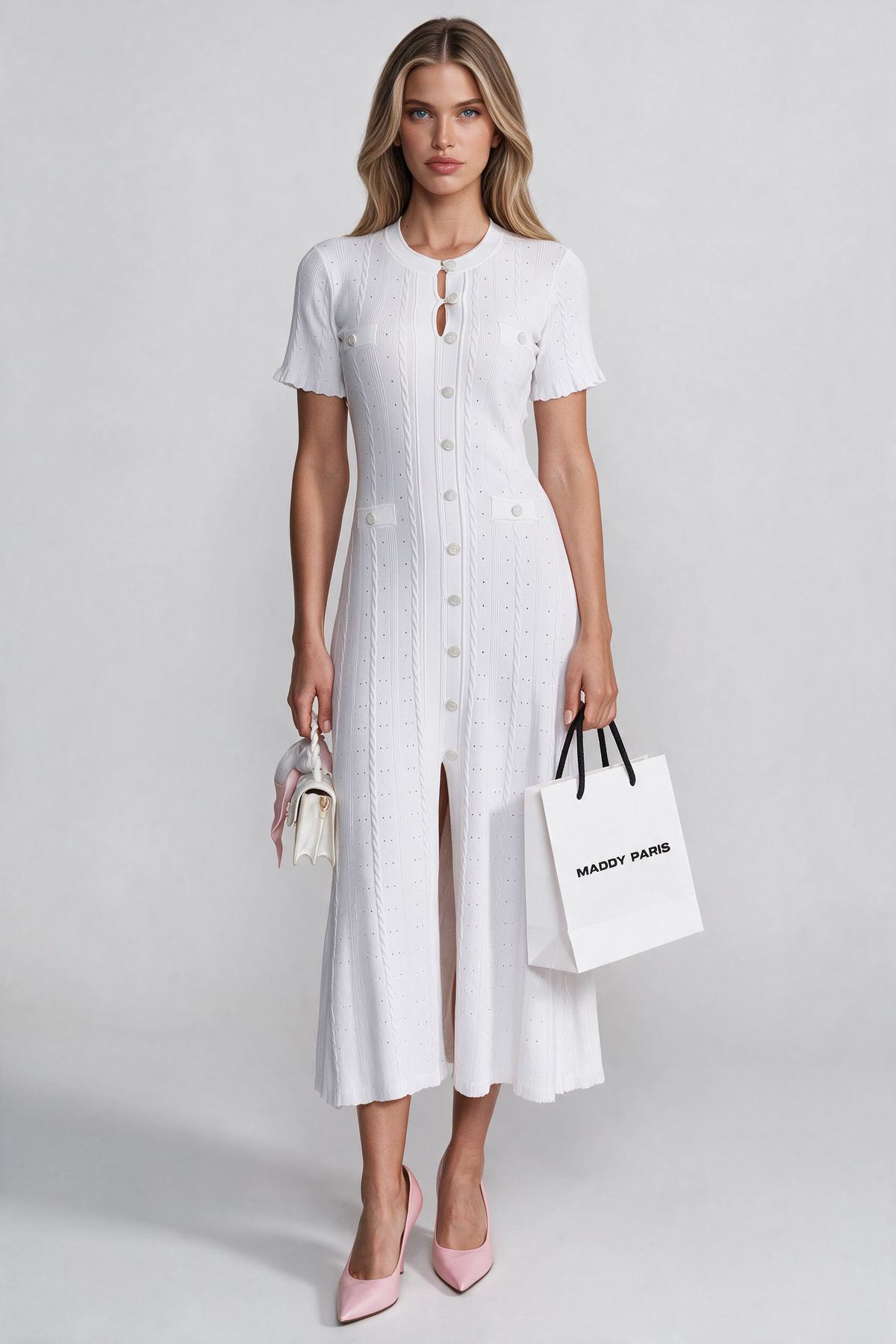 Knit Button-Front Midi Dress with Scalloped Sleeves – White