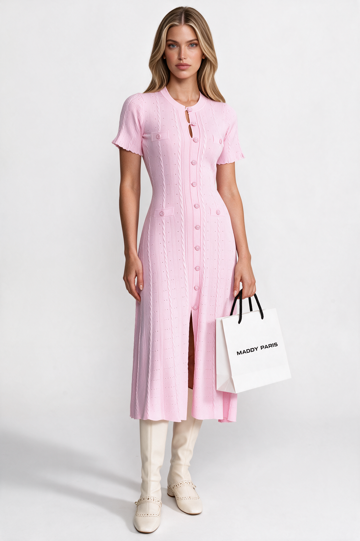 Knit Button-Front Midi Dress with Scalloped Sleeves – Pink