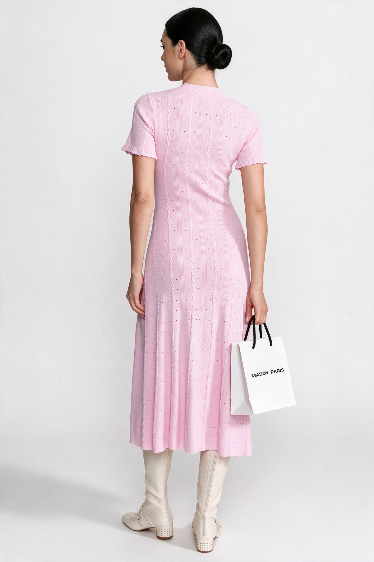 Knit Button-Front Midi Dress with Scalloped Sleeves – Pink