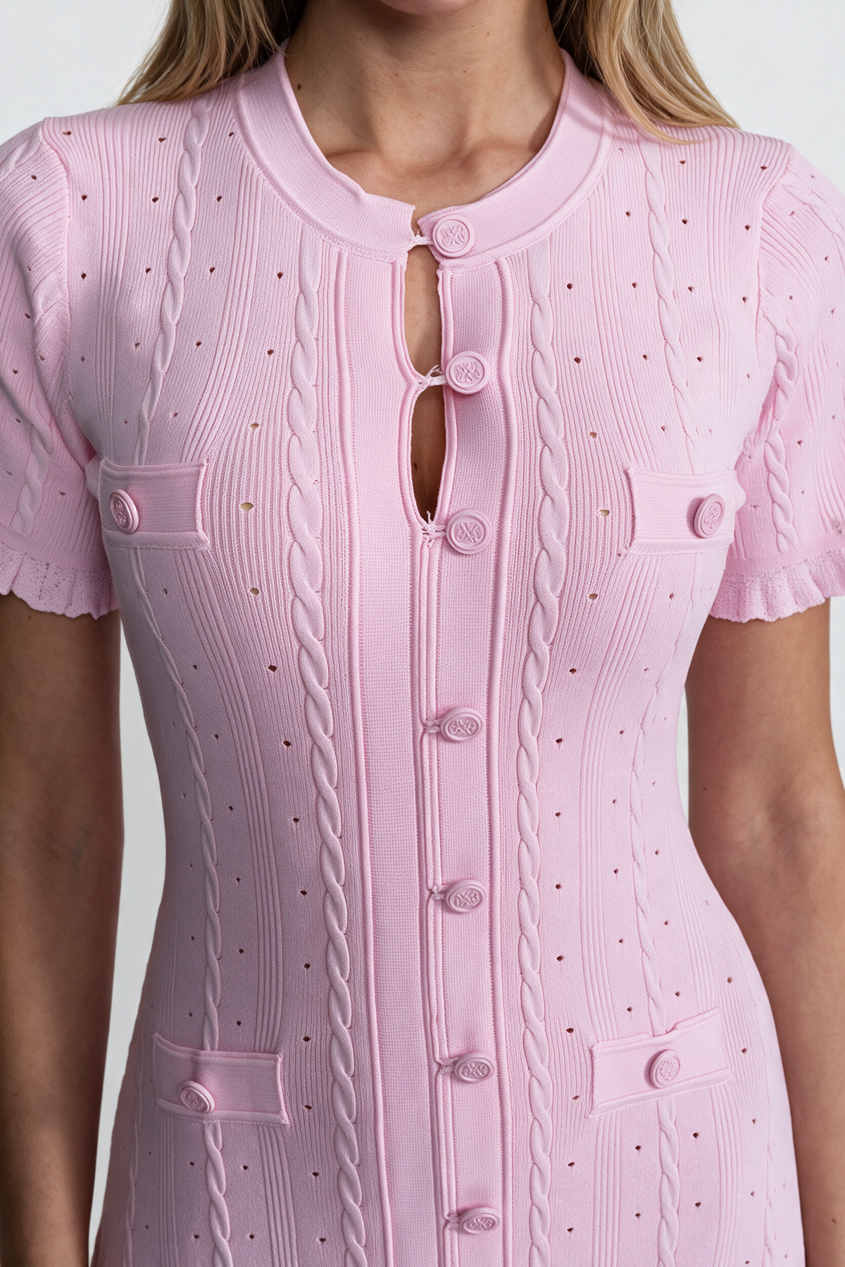 Knit Button-Front Midi Dress with Scalloped Sleeves – Pink