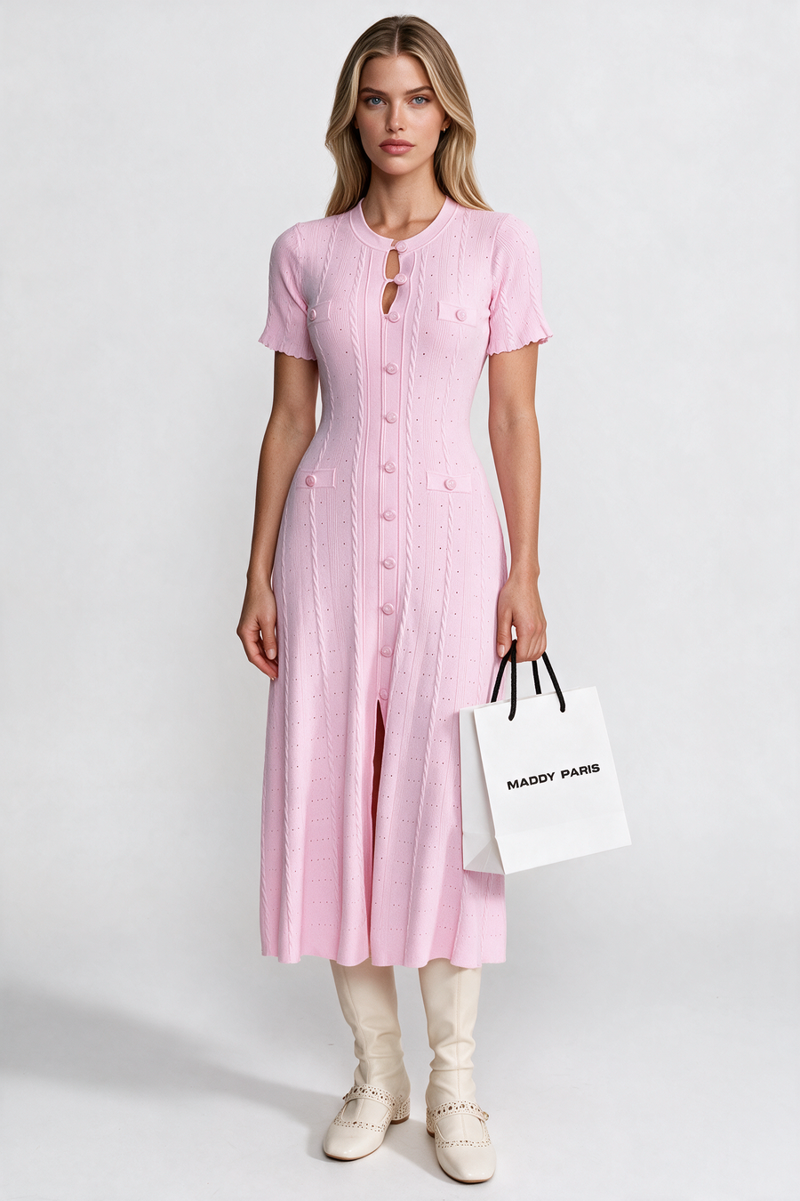 Knit Button-Front Midi Dress with Scalloped Sleeves – Pink
