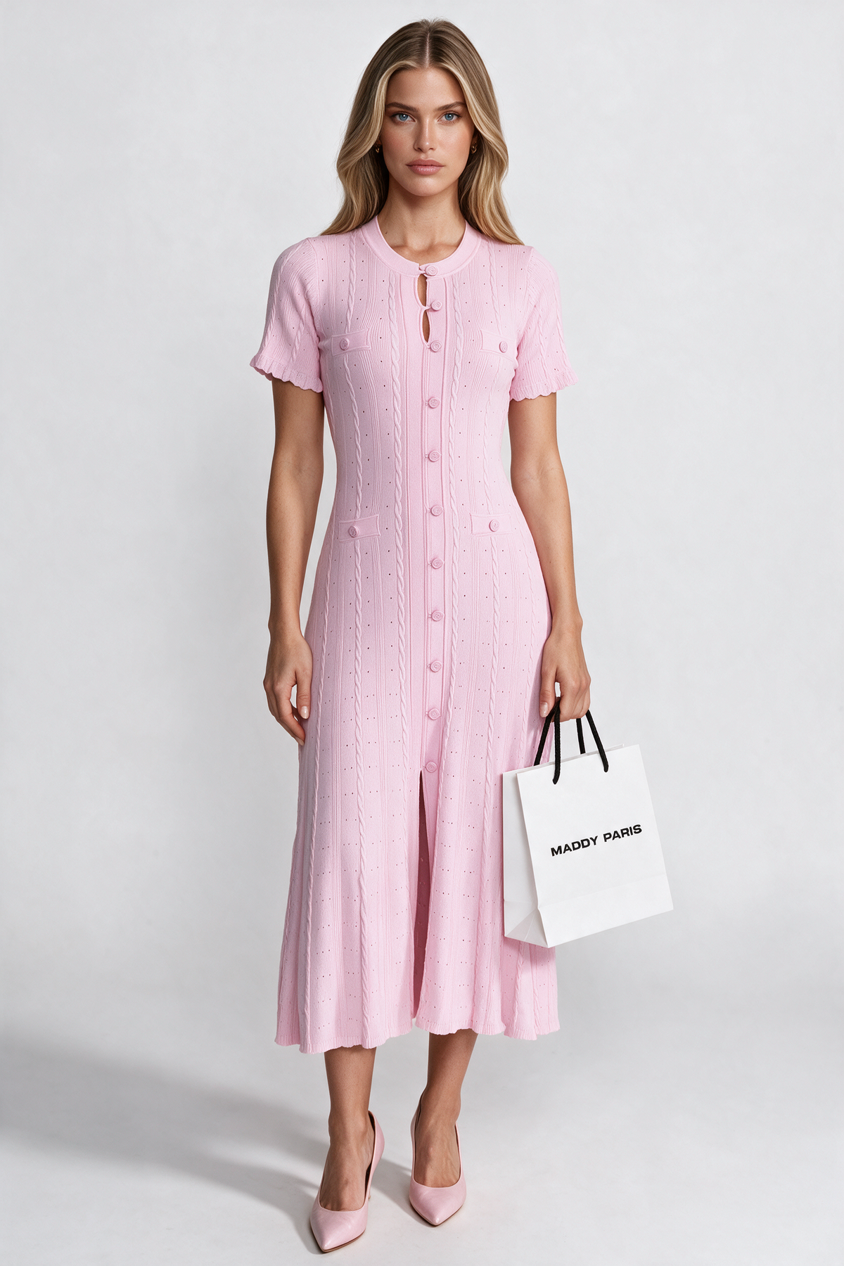 Knit Button-Front Midi Dress with Scalloped Sleeves – Pink