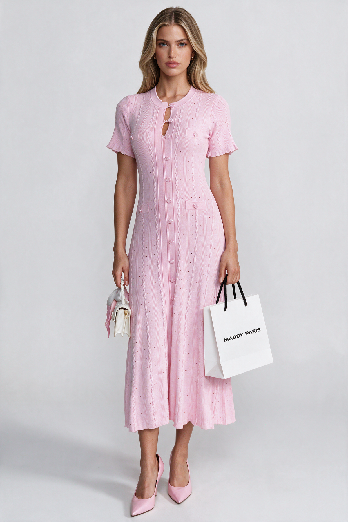 Knit Button-Front Midi Dress with Scalloped Sleeves – Pink