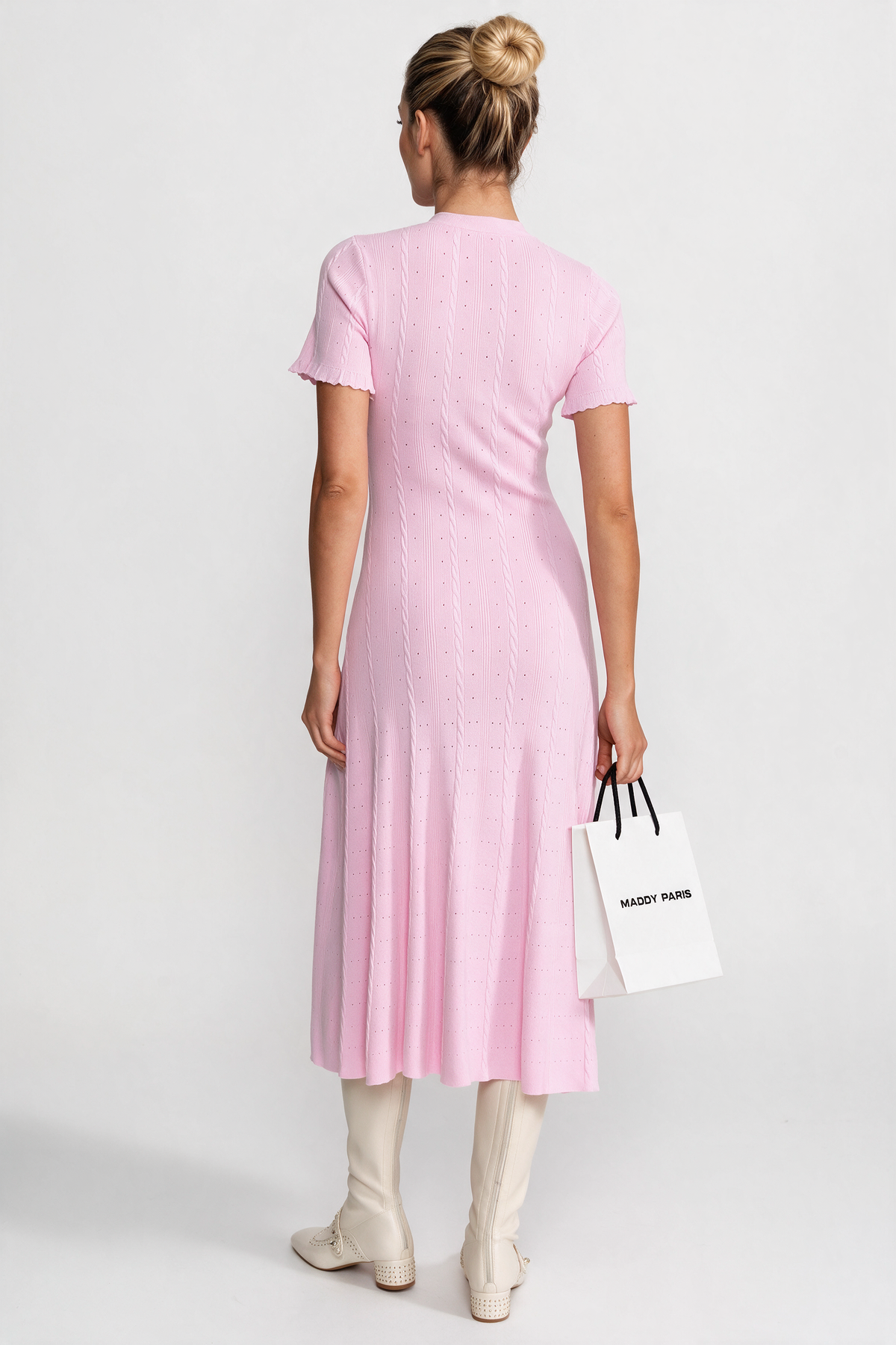 Knit Button-Front Midi Dress with Scalloped Sleeves – Pink