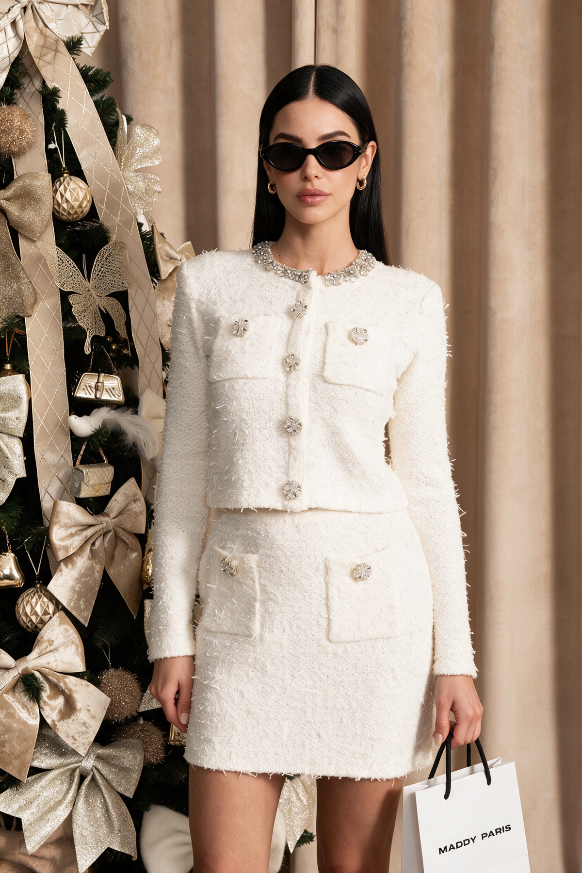 Tweed Blazer With Crystal Embellishments And Buttons - Ivoire