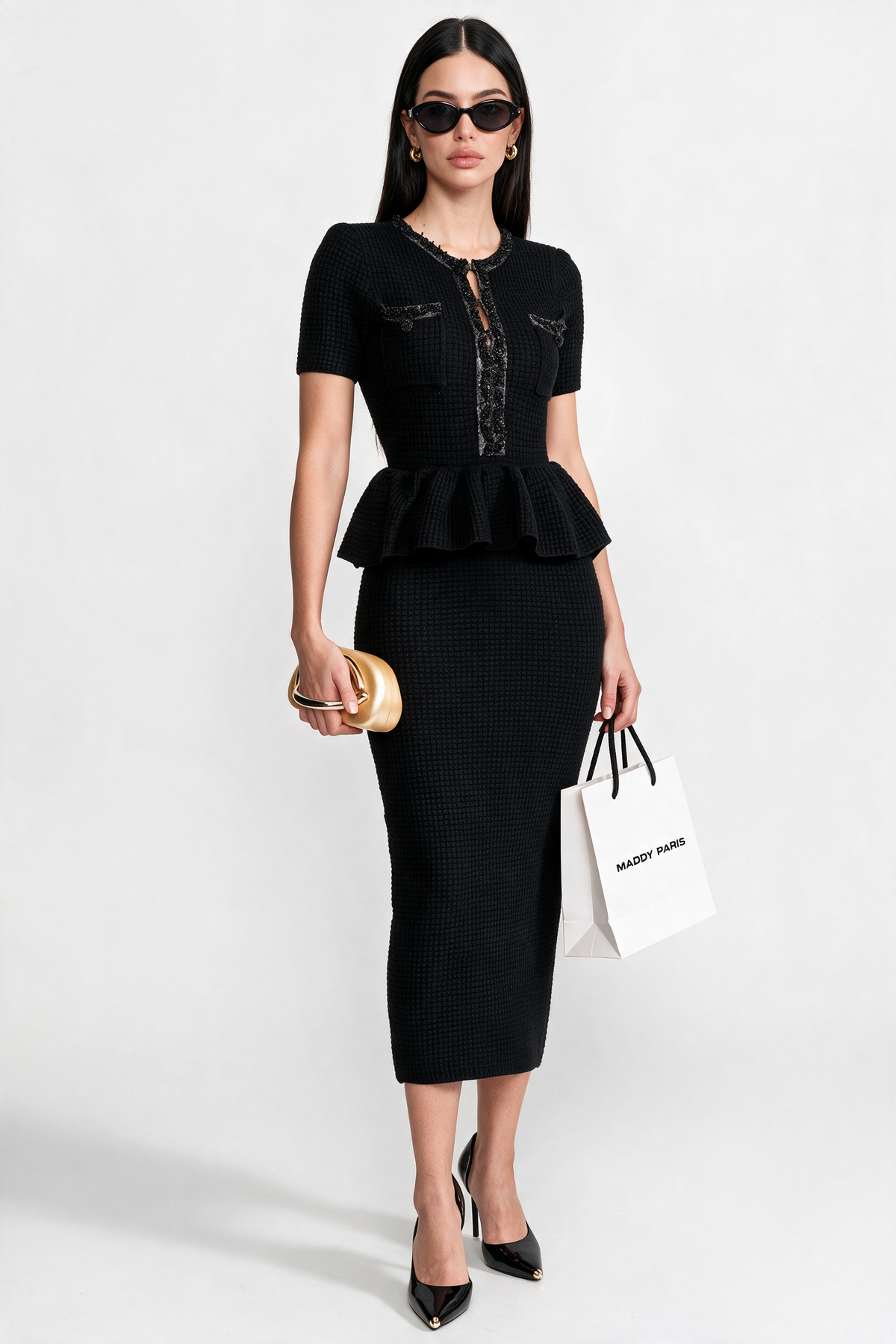 Textured Knit Midi Dress with Peplum Waist Detail – Black