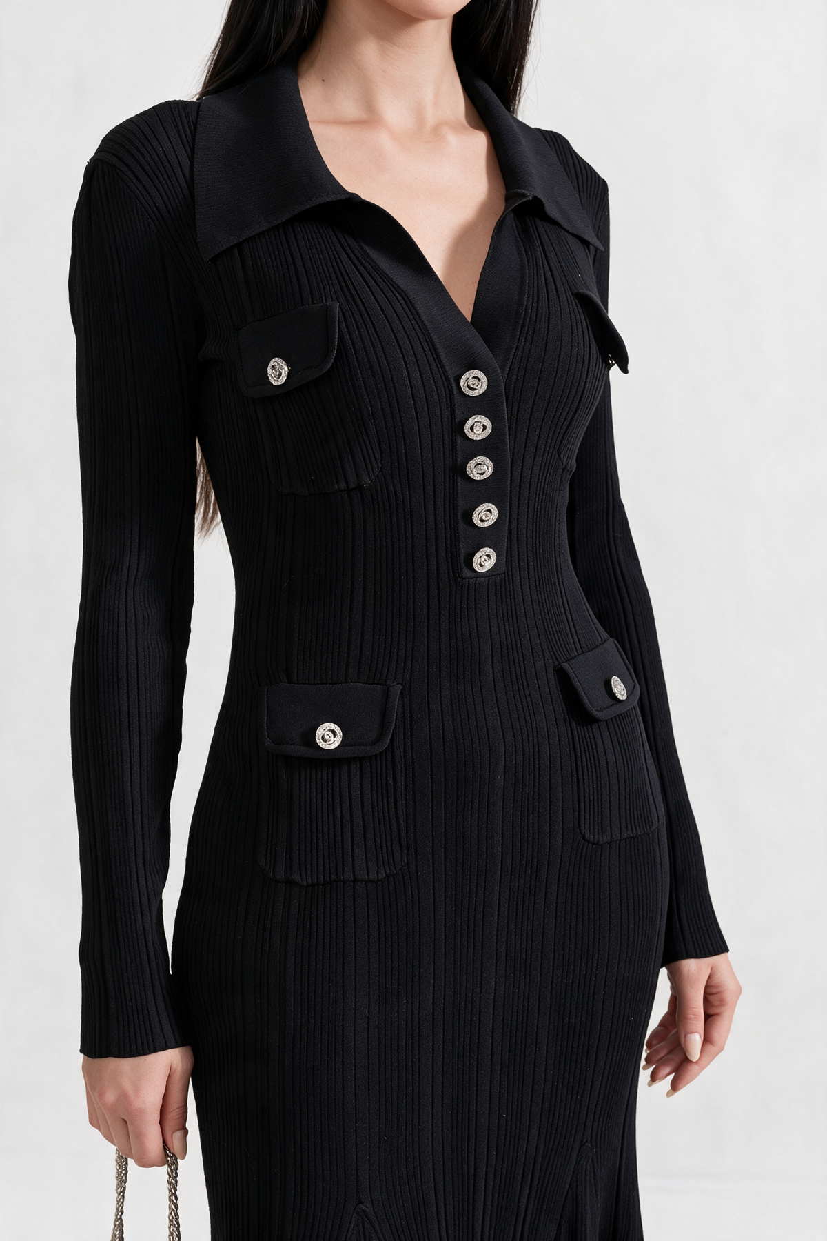 Elegant Ribbed Dress With Long Sleeves - Black
