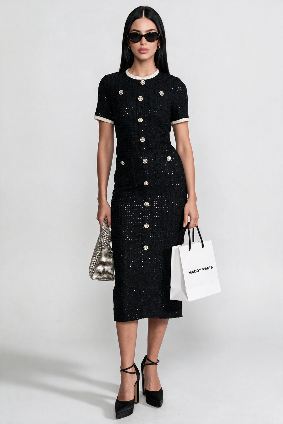 Sequin Midi Dress With Crystal Buttons and Lace Trim – Black
