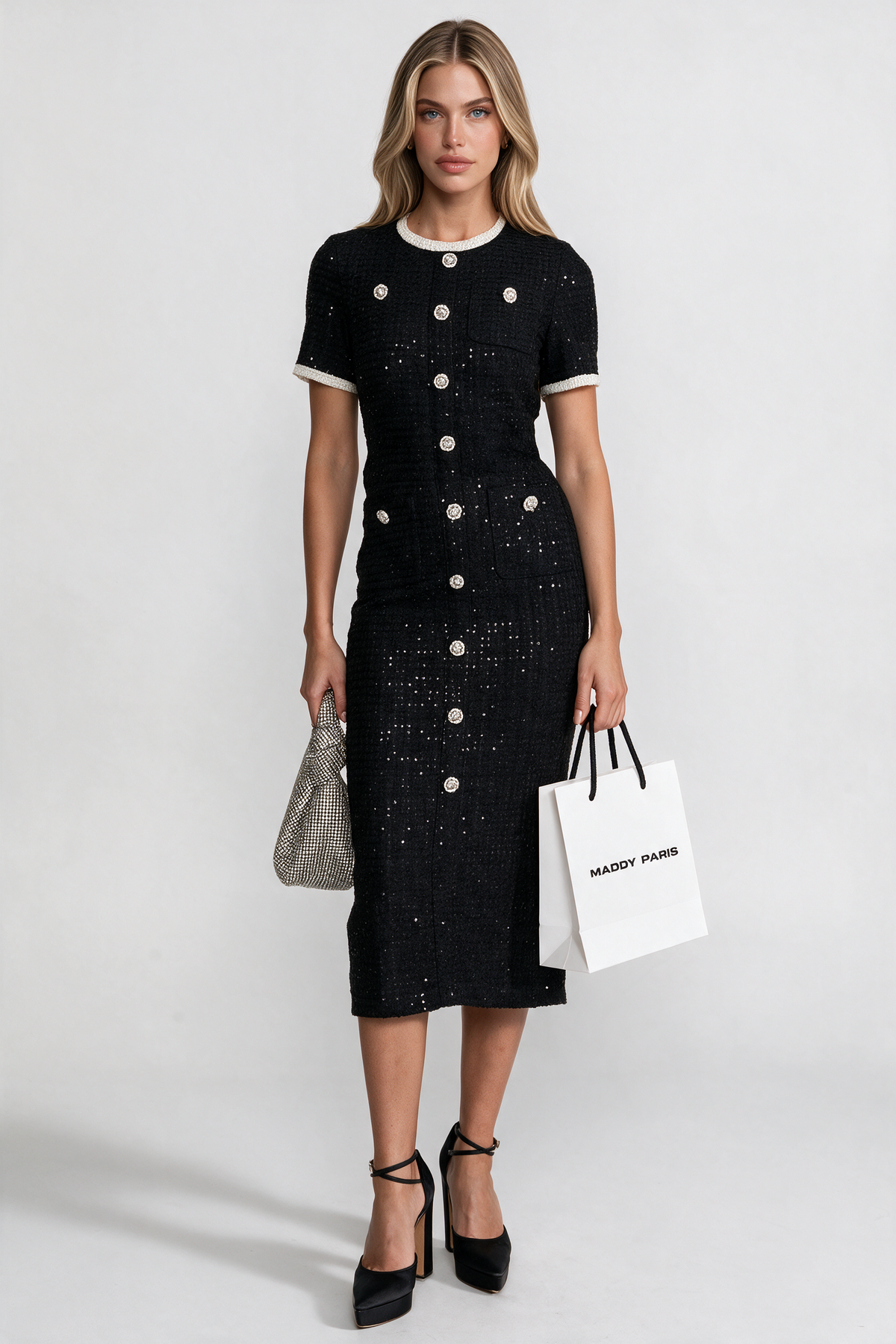 Sequin Midi Dress With Crystal Buttons and Lace Trim – Black