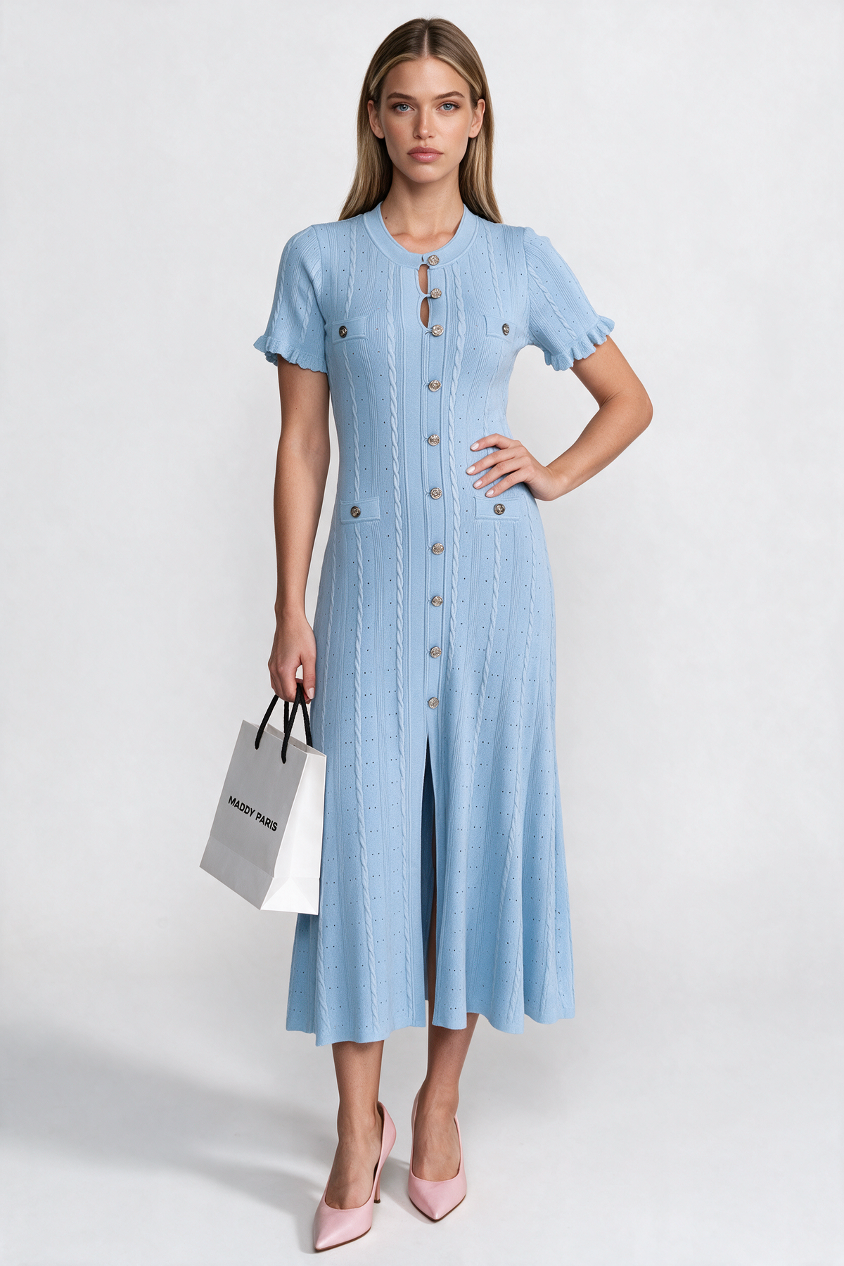 Knit Button-Front Midi Dress with Scalloped Sleeves – Baby Blue