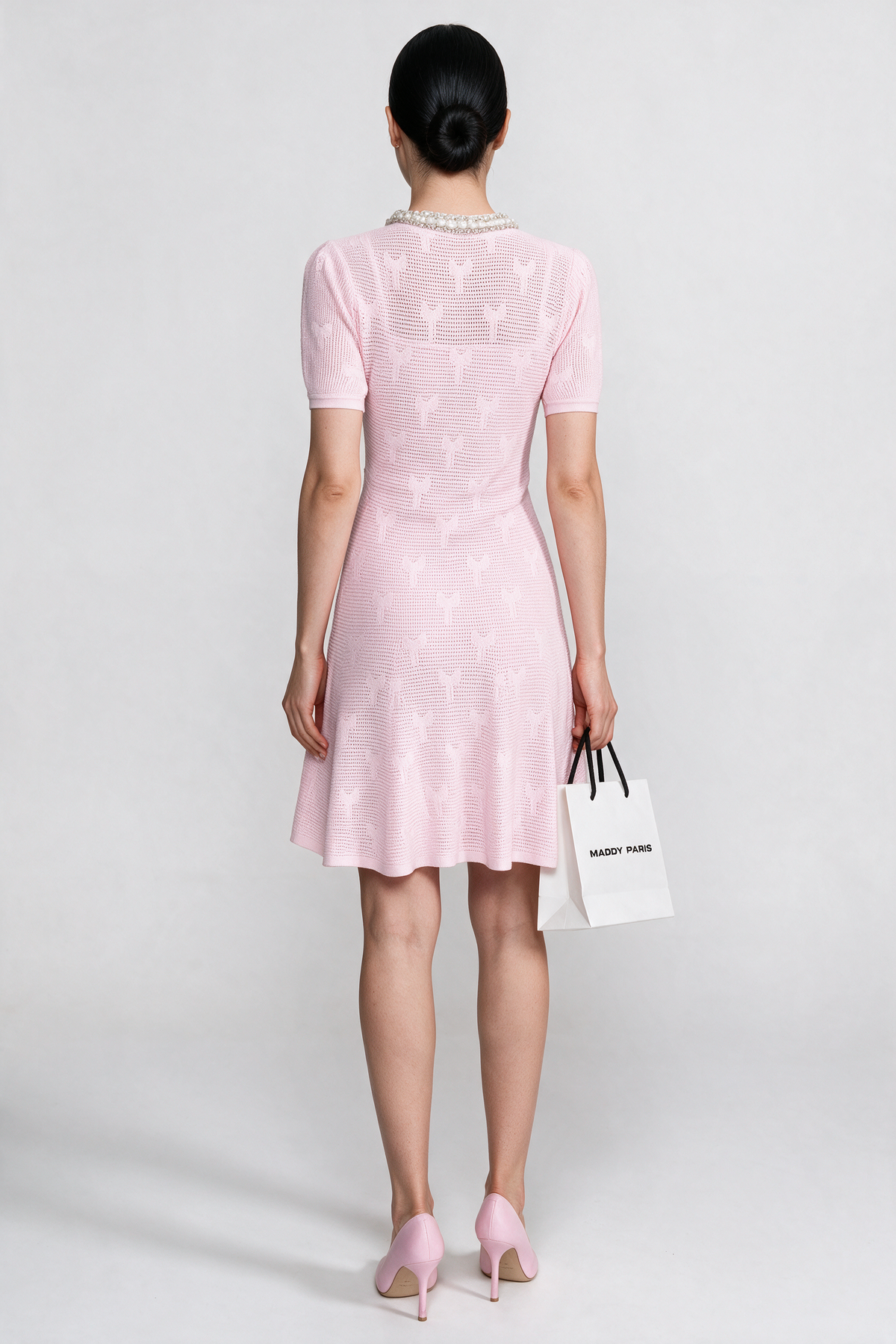Textured Short Sleeve Mini Dress With Pearl Trim Neckline And Crystal Buttons - Pink
