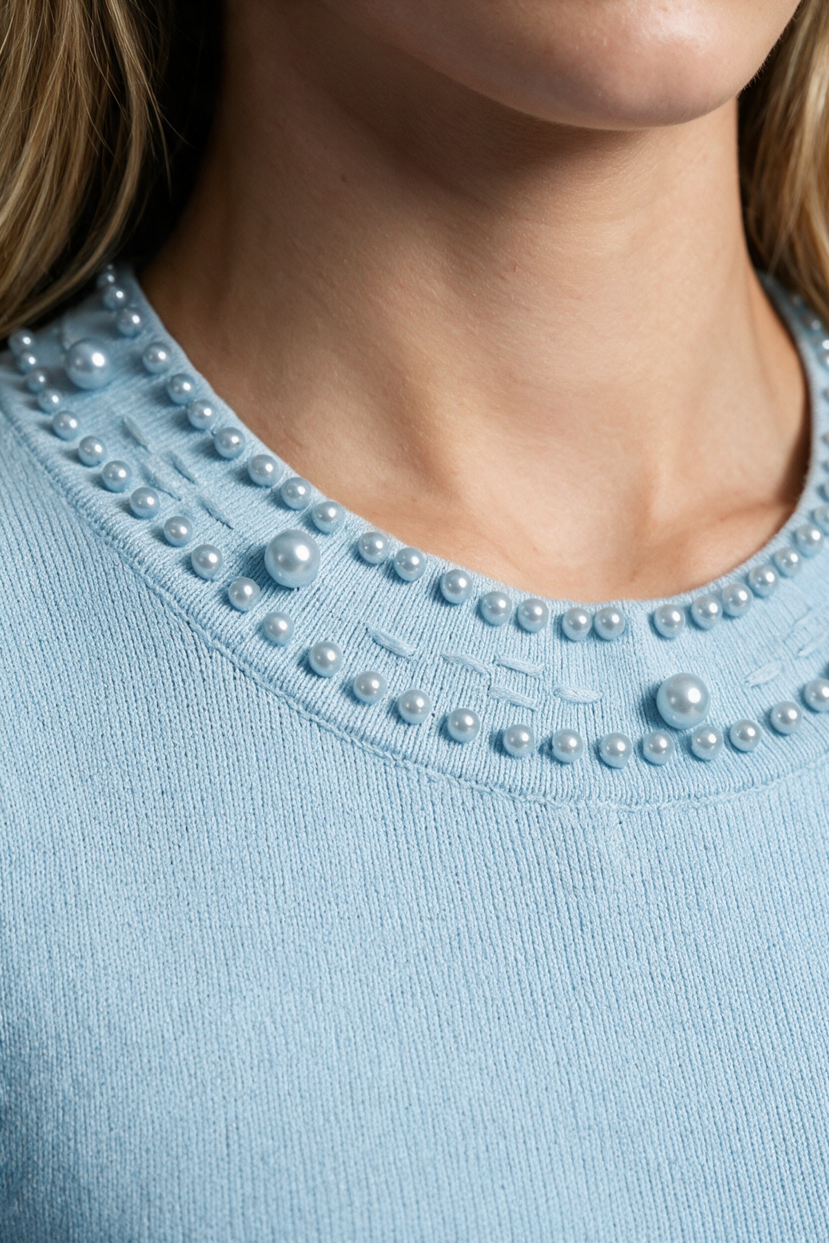 Knitted Cardigan With Pearl Buttons And Embellishments - Blue