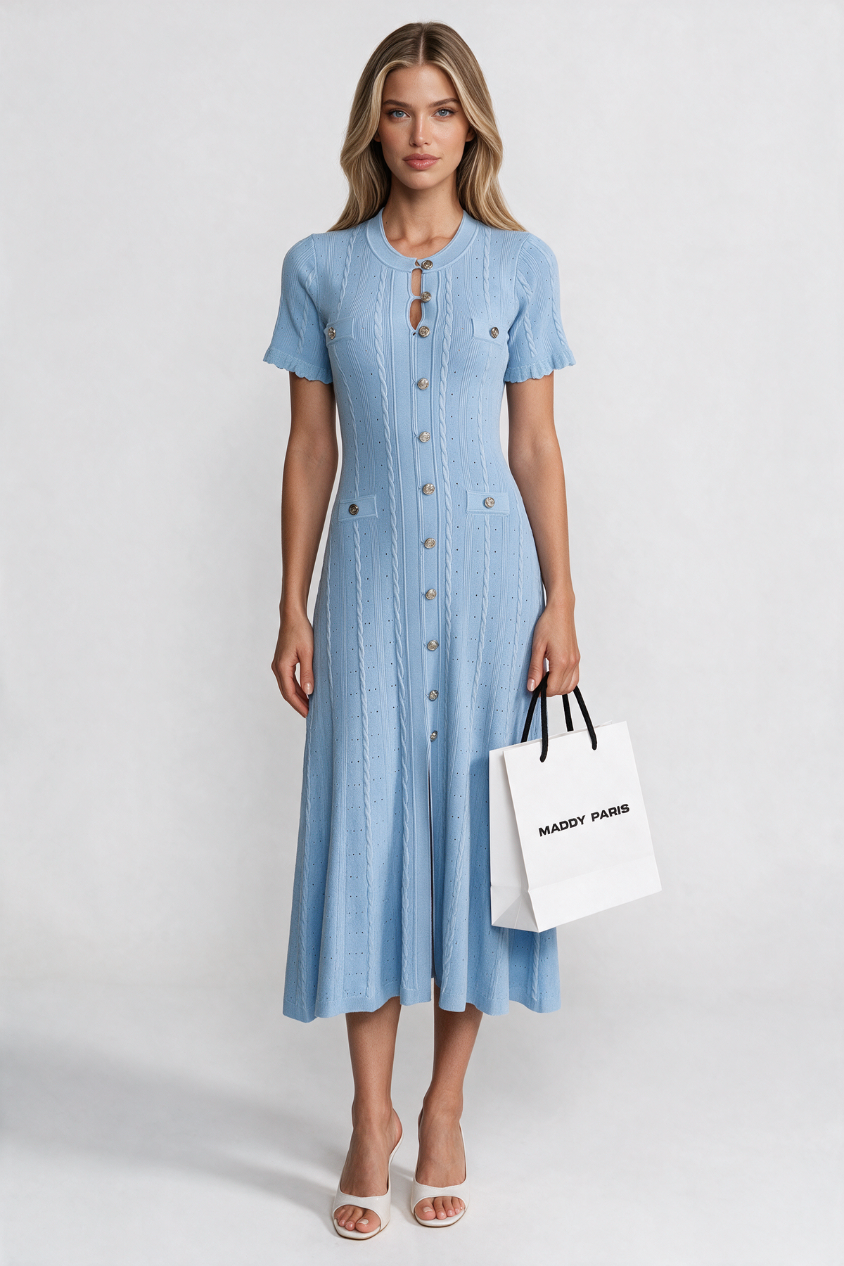 Knit Button-Front Midi Dress with Scalloped Sleeves – Baby Blue