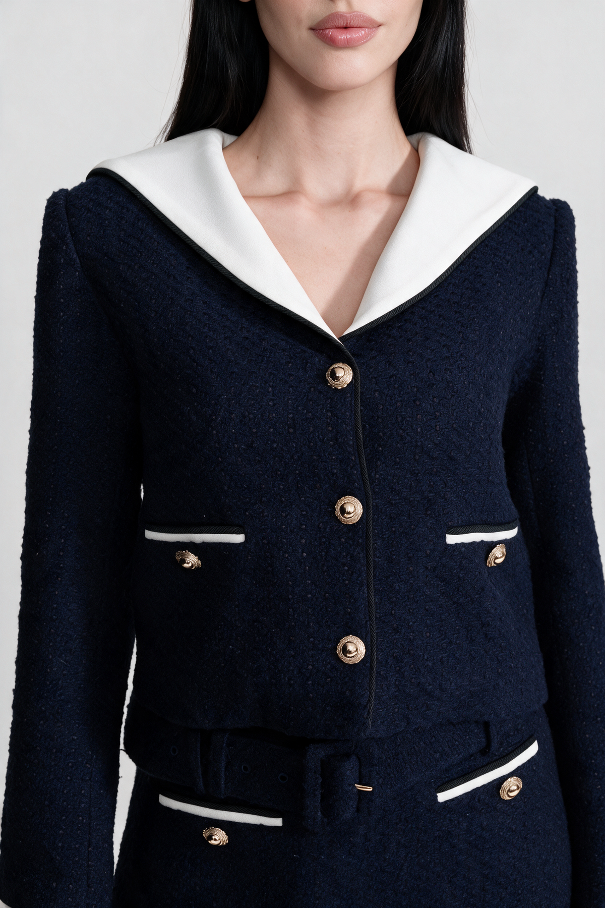 Tweed Cropped Jacket with Contrast Collar - Navy