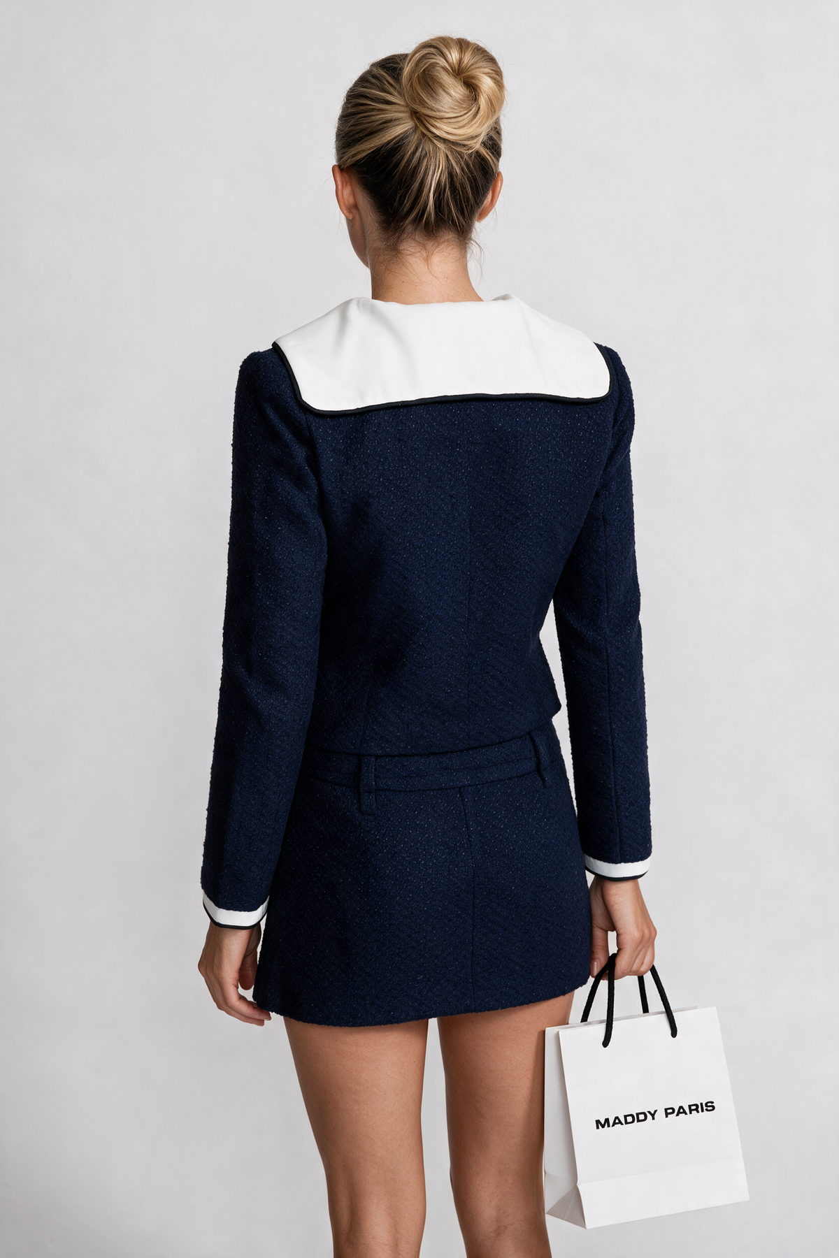 Belted Tweed Mini Skirt with Contrast Pockets - Navy