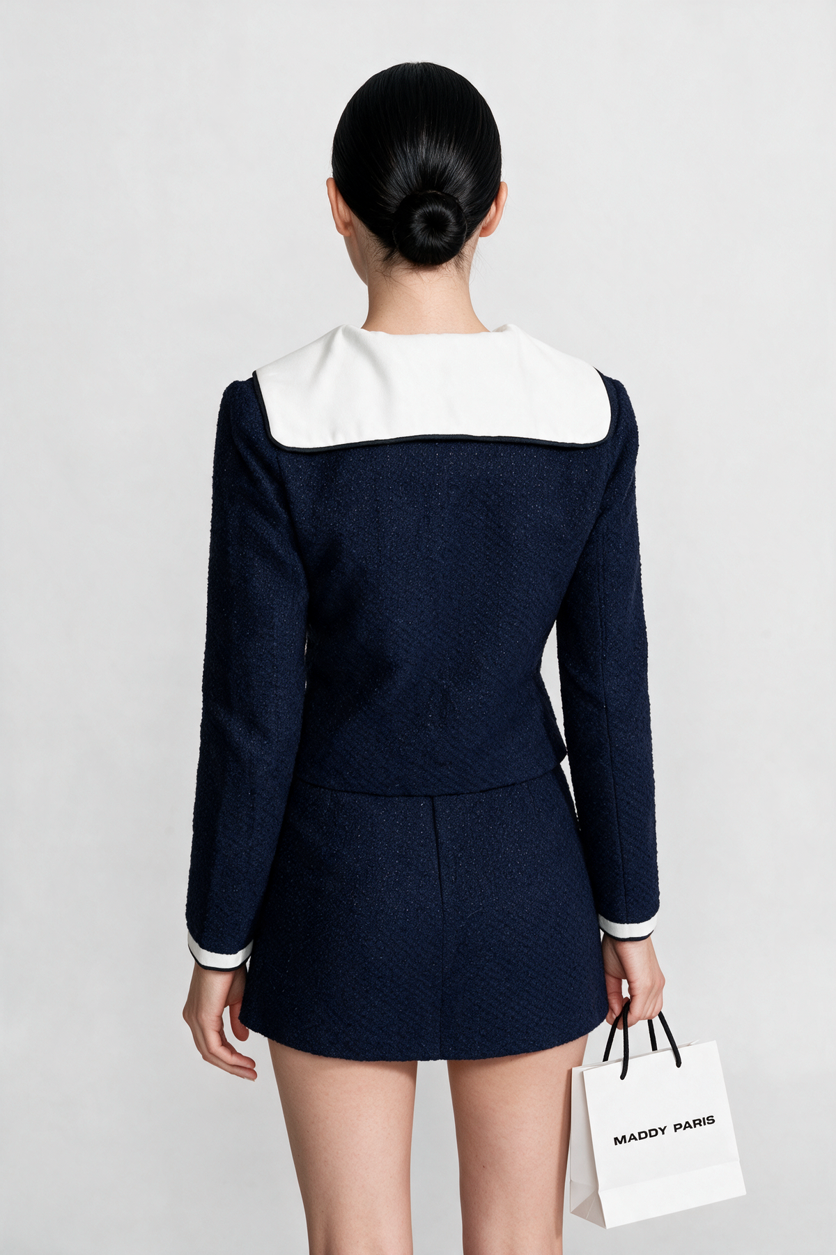 Belted Tweed Mini Skirt with Contrast Pockets - Navy
