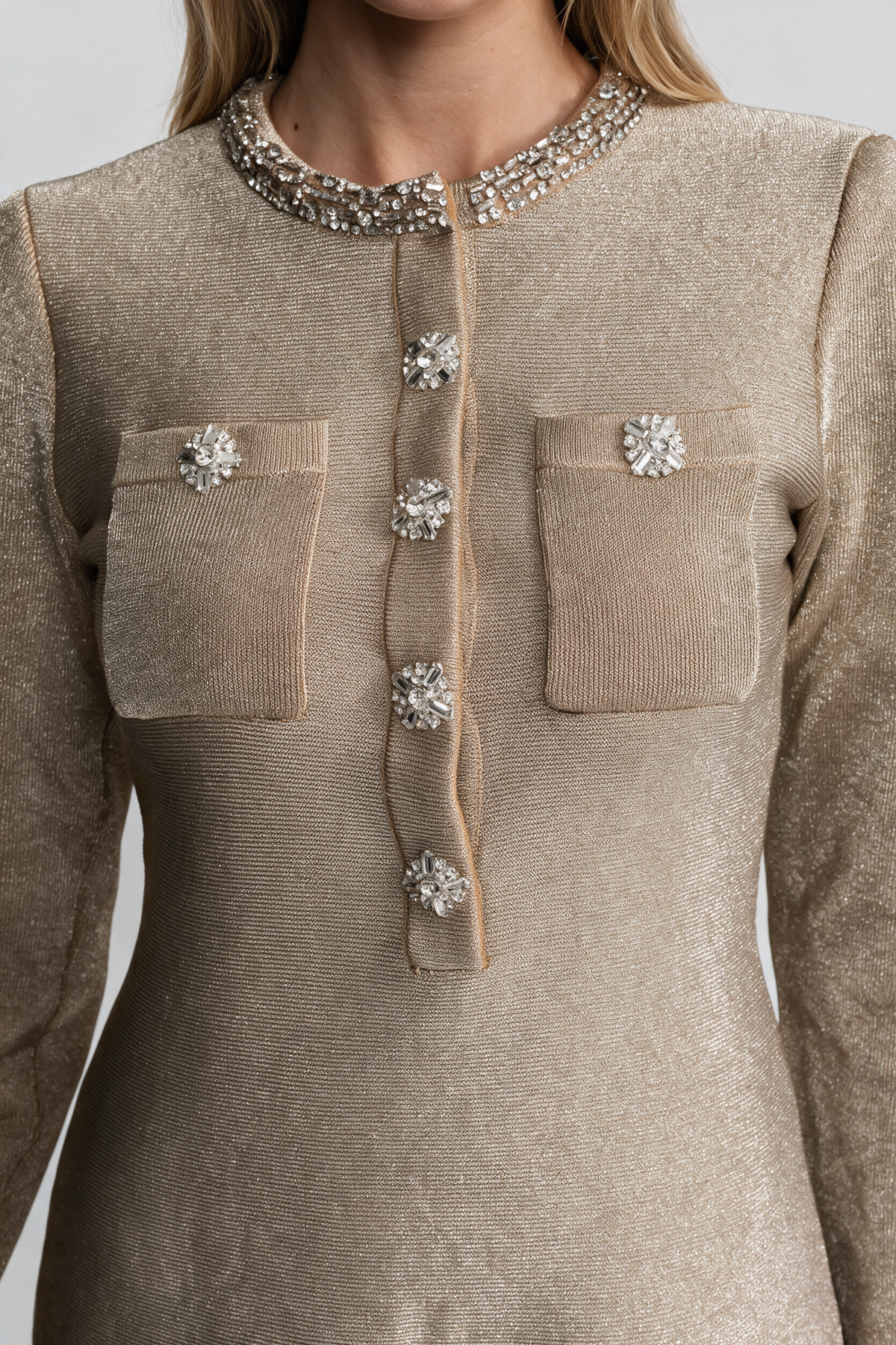 Shimmer Mini Dress with Crystal Button Embellishments – Champagne