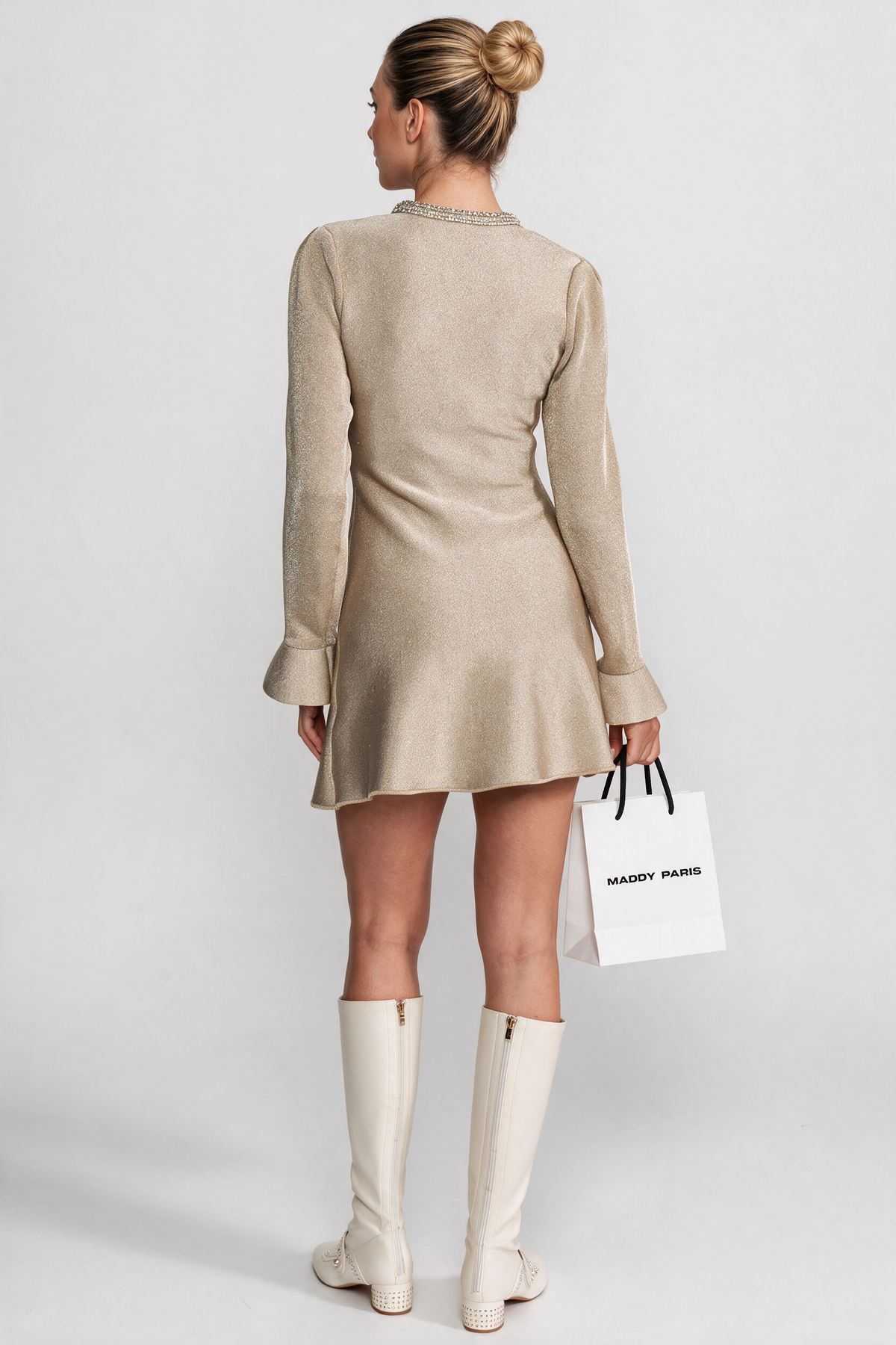Shimmer Mini Dress with Crystal Button Embellishments – Champagne