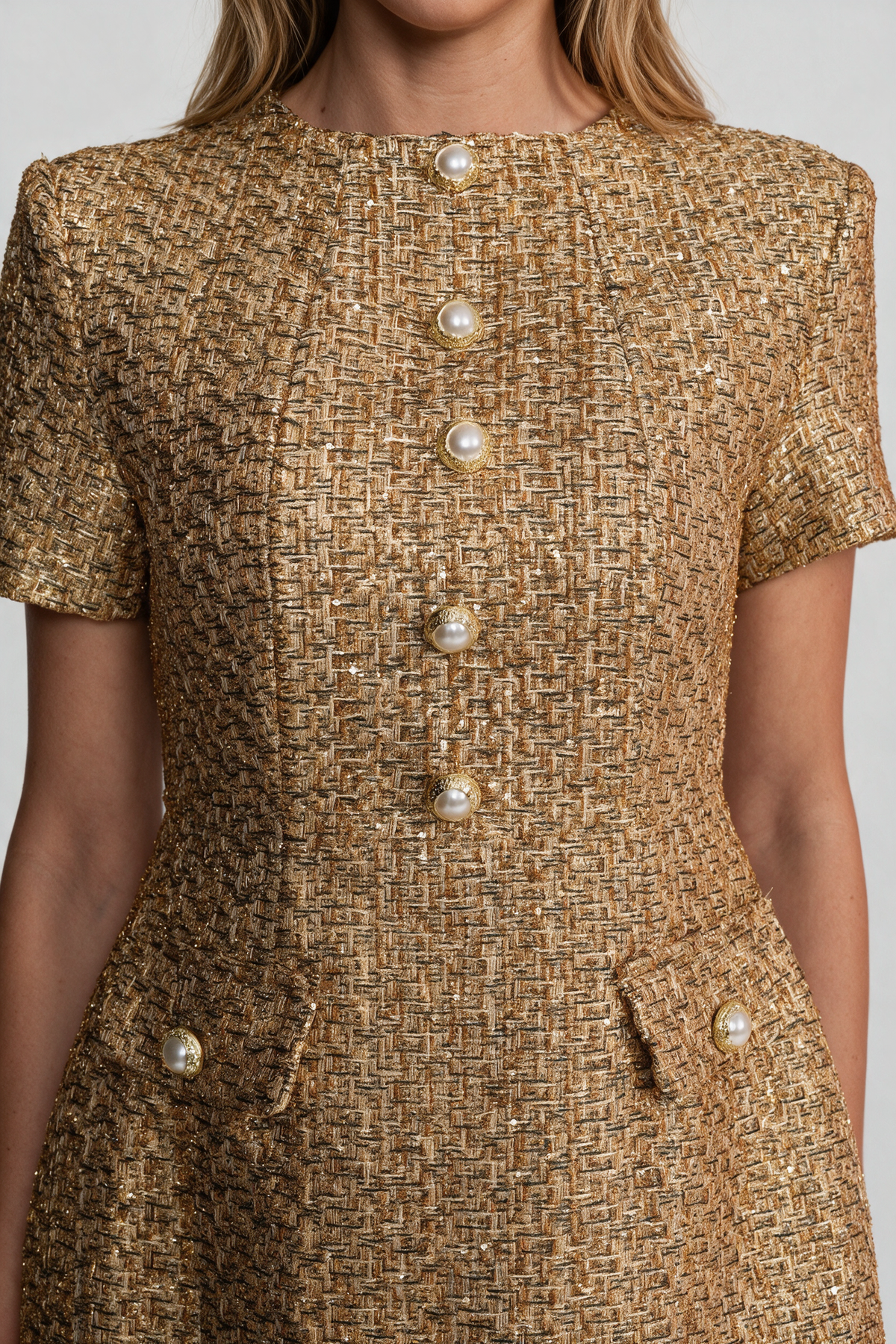 Tweed Mini Dress With Round Neckline And Pearl Button Detail - Gold