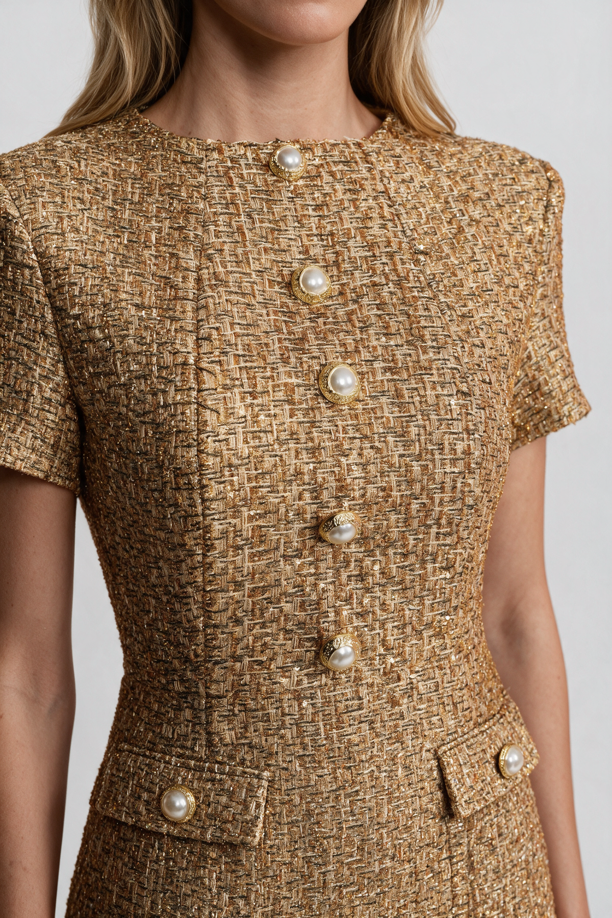 Tweed Mini Dress With Round Neckline And Pearl Button Detail - Gold