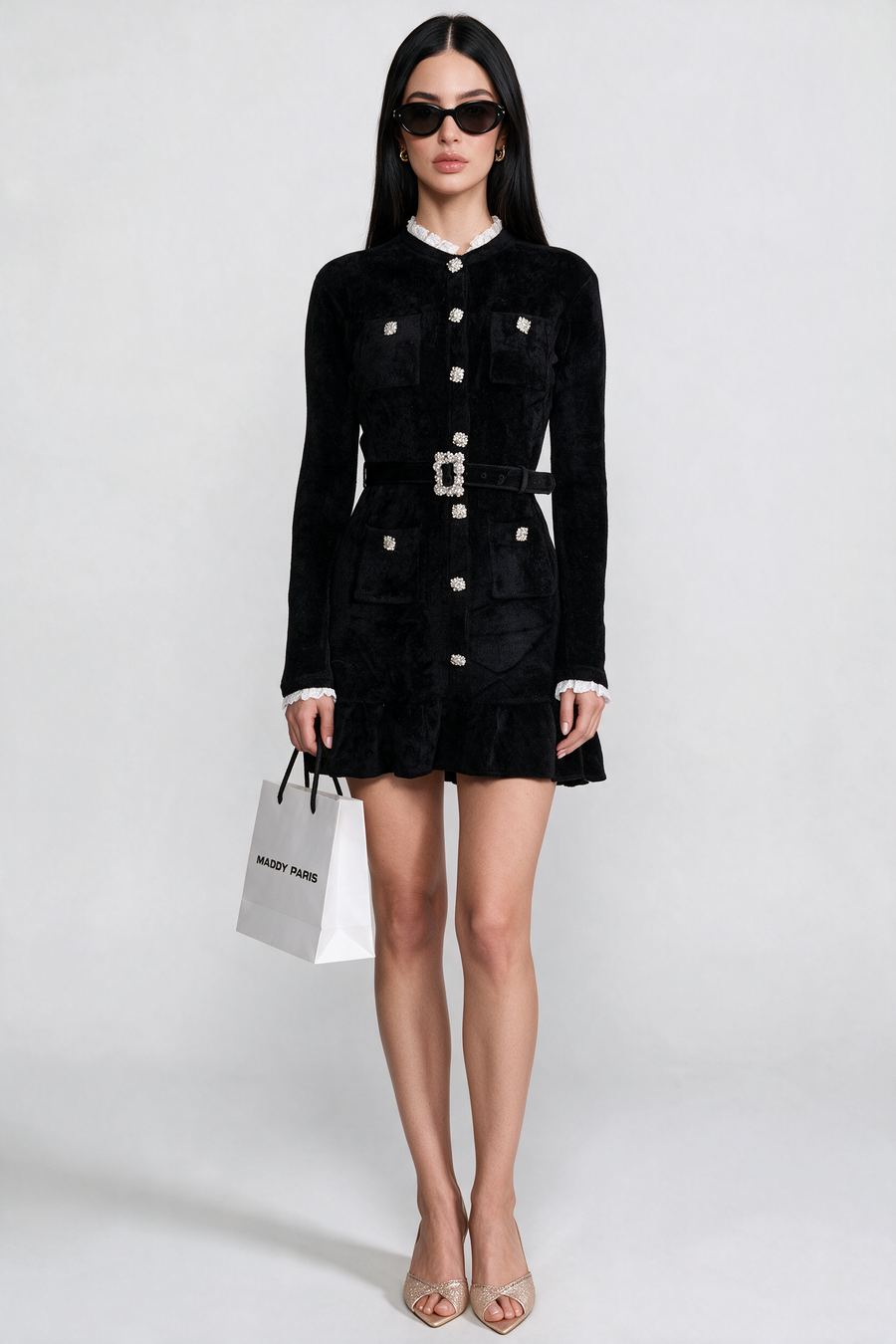 Knit Crystal-Button Mini Dress With Matching Belt – Black