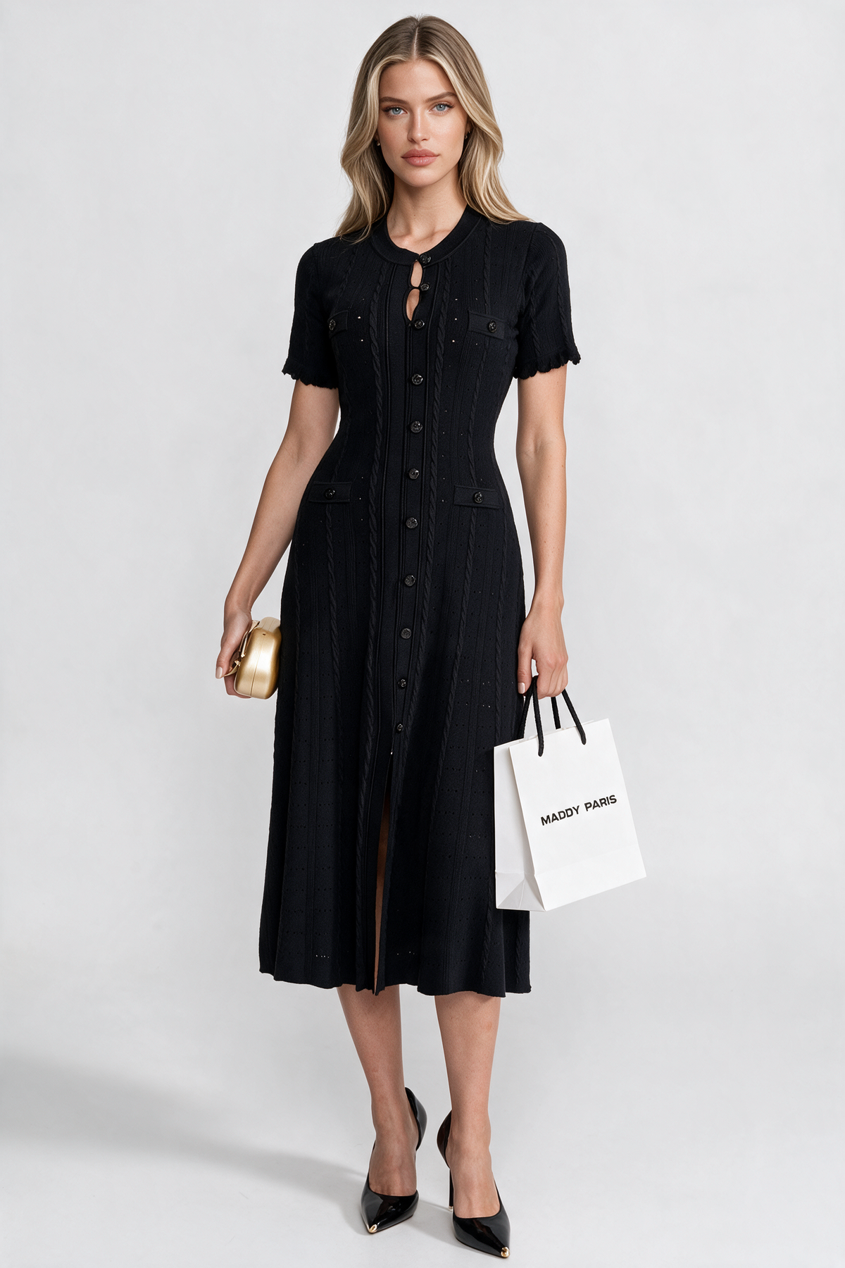 Knit Button-Front Midi Dress with Scalloped Sleeves – Black