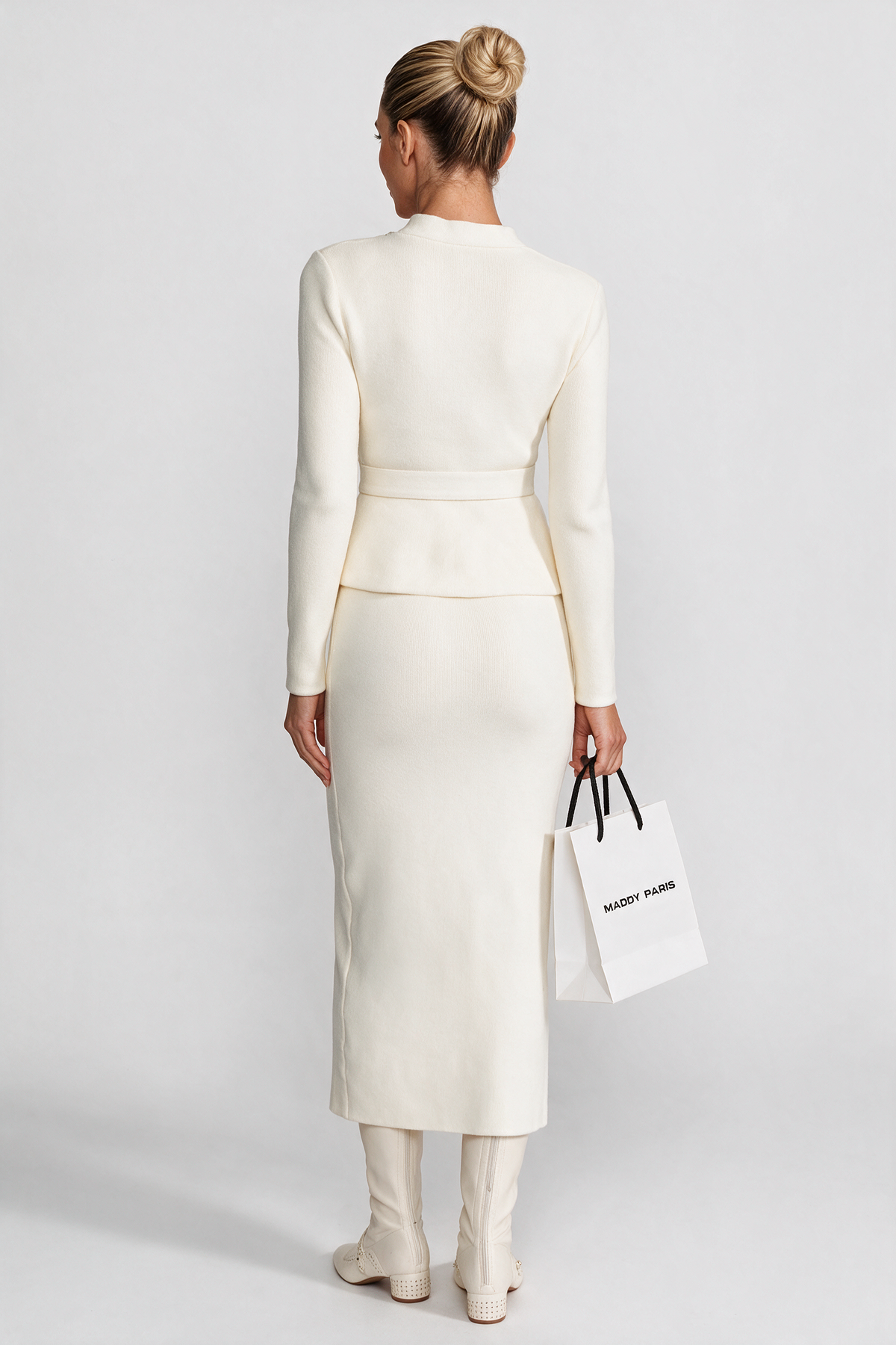 Midi Dress with Peplum Waist and Crystal Collar – Ivoire
