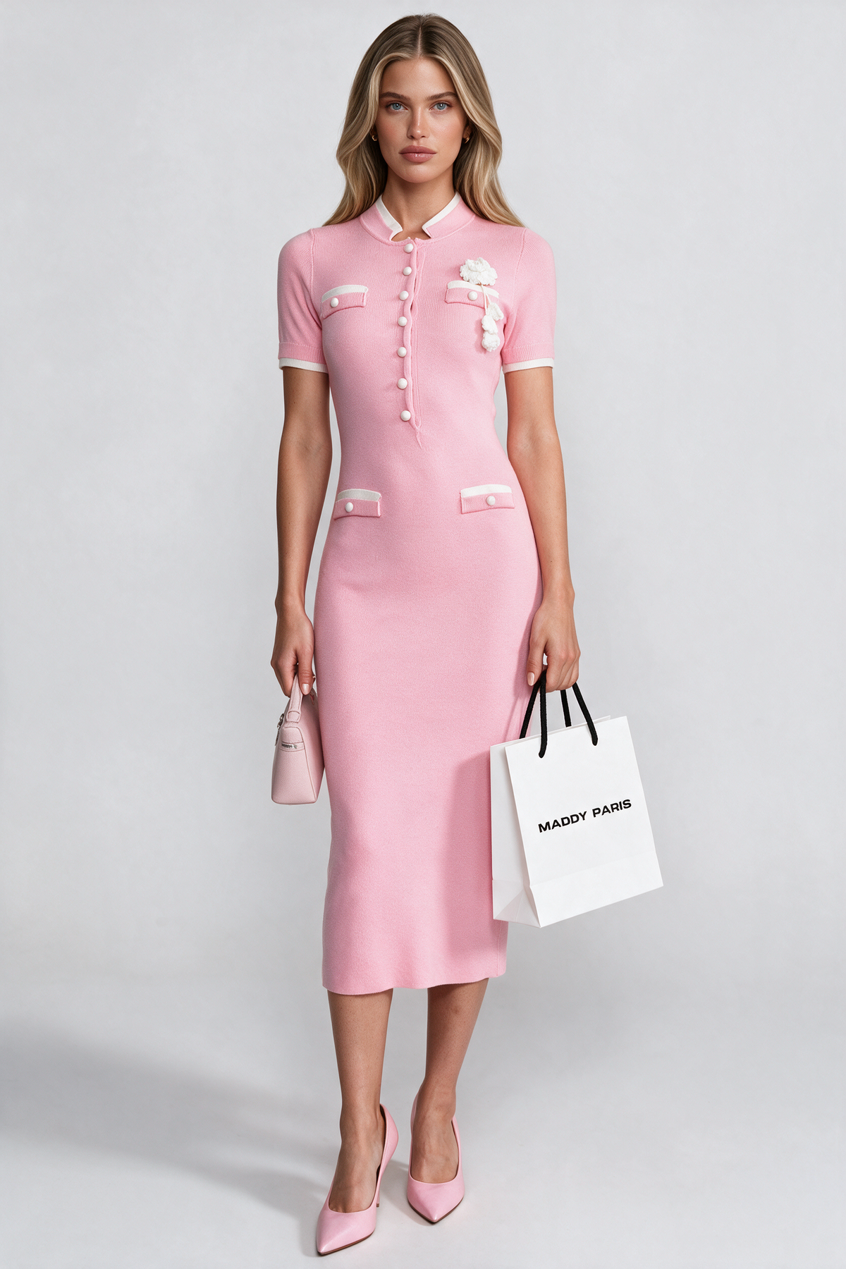 Ribbed Knit Midi Dress With Contrast Trim And Decorative Pockets - Pink
