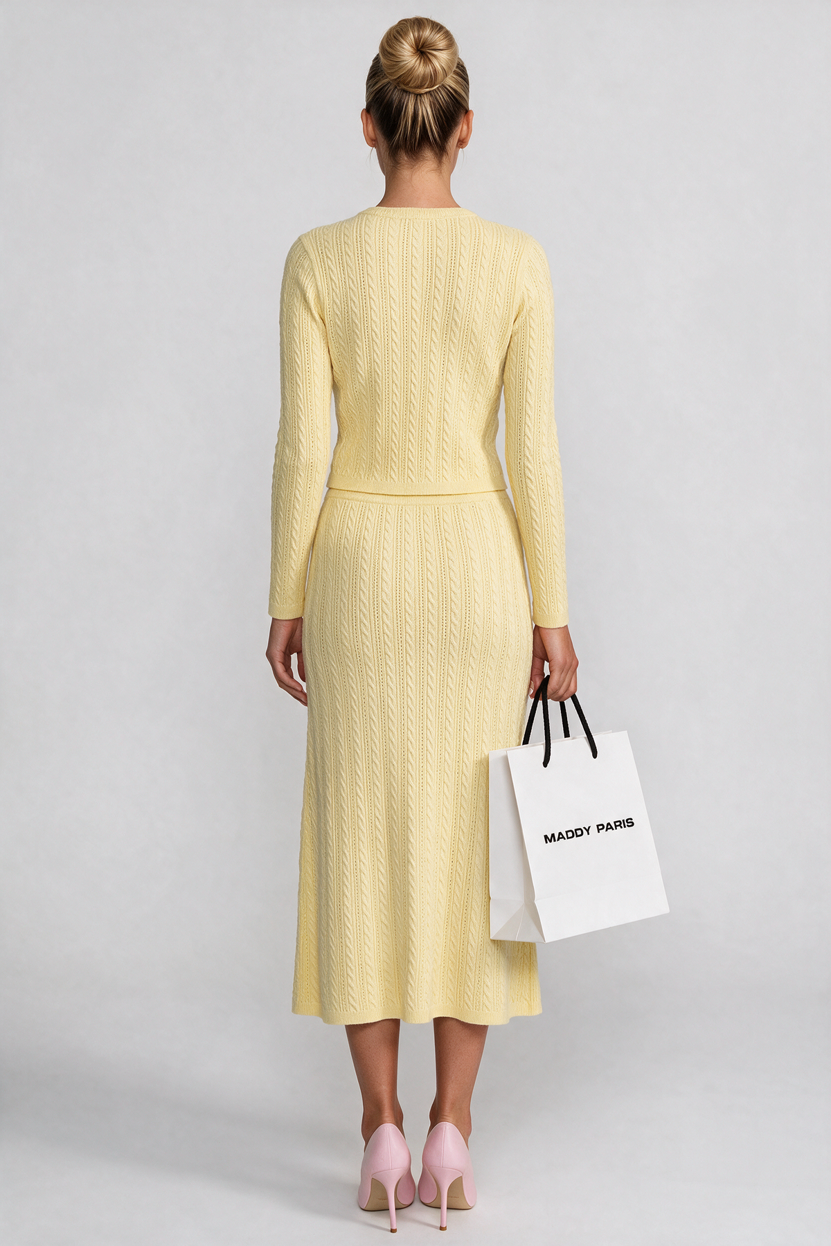 Ribbed Knit Dress and Cardigan Set With Pearl Button Detailing - Yellow