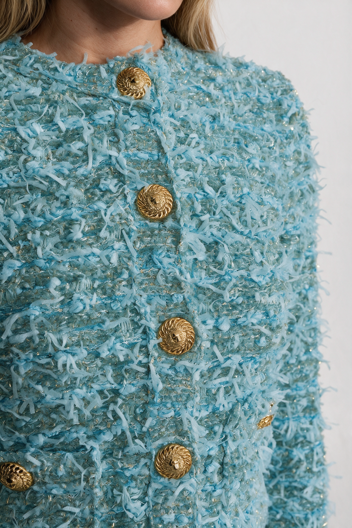 Textured Tweed Jacket With Gold Button Embellishments – Blue