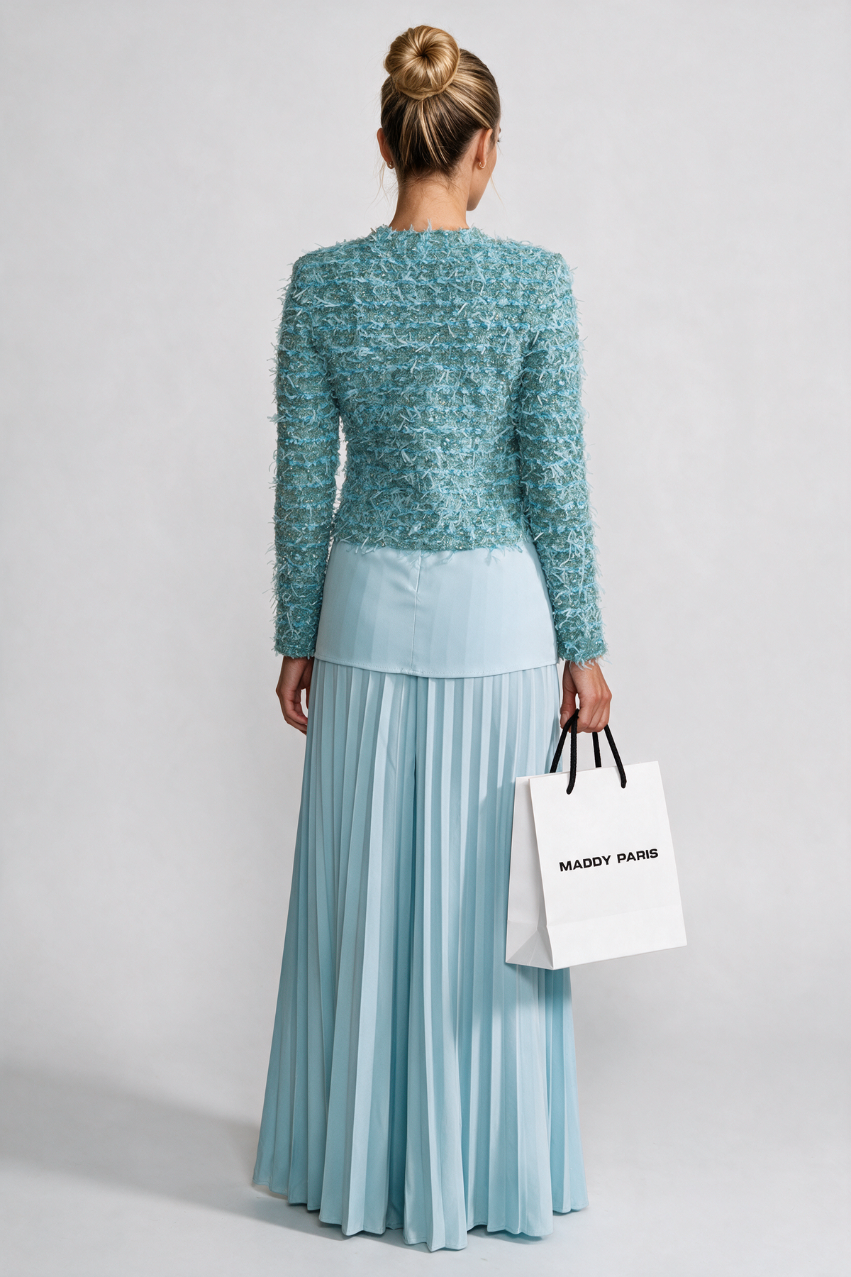 Textured Tweed Jacket With Gold Button Embellishments – Blue