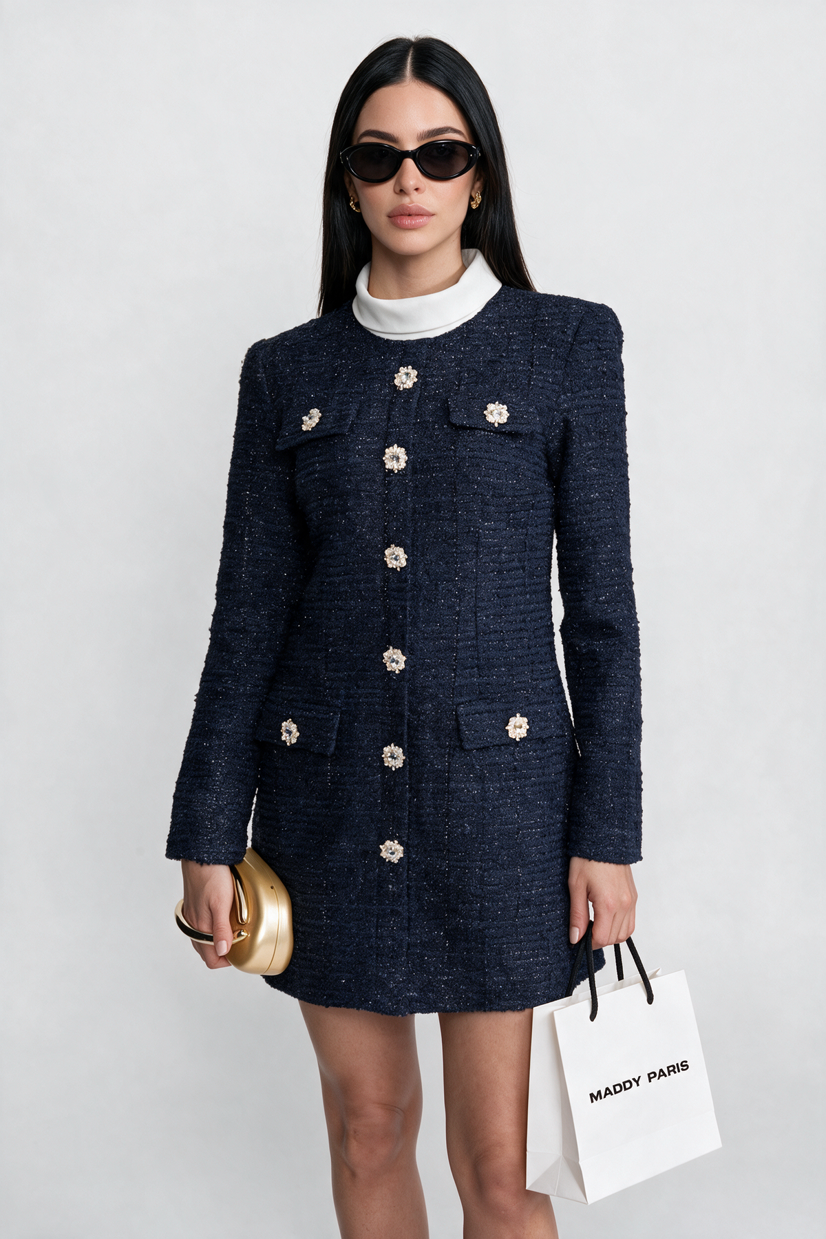 Textured Tweed Mini Dress with Crystal Button Embellishments – Navy
