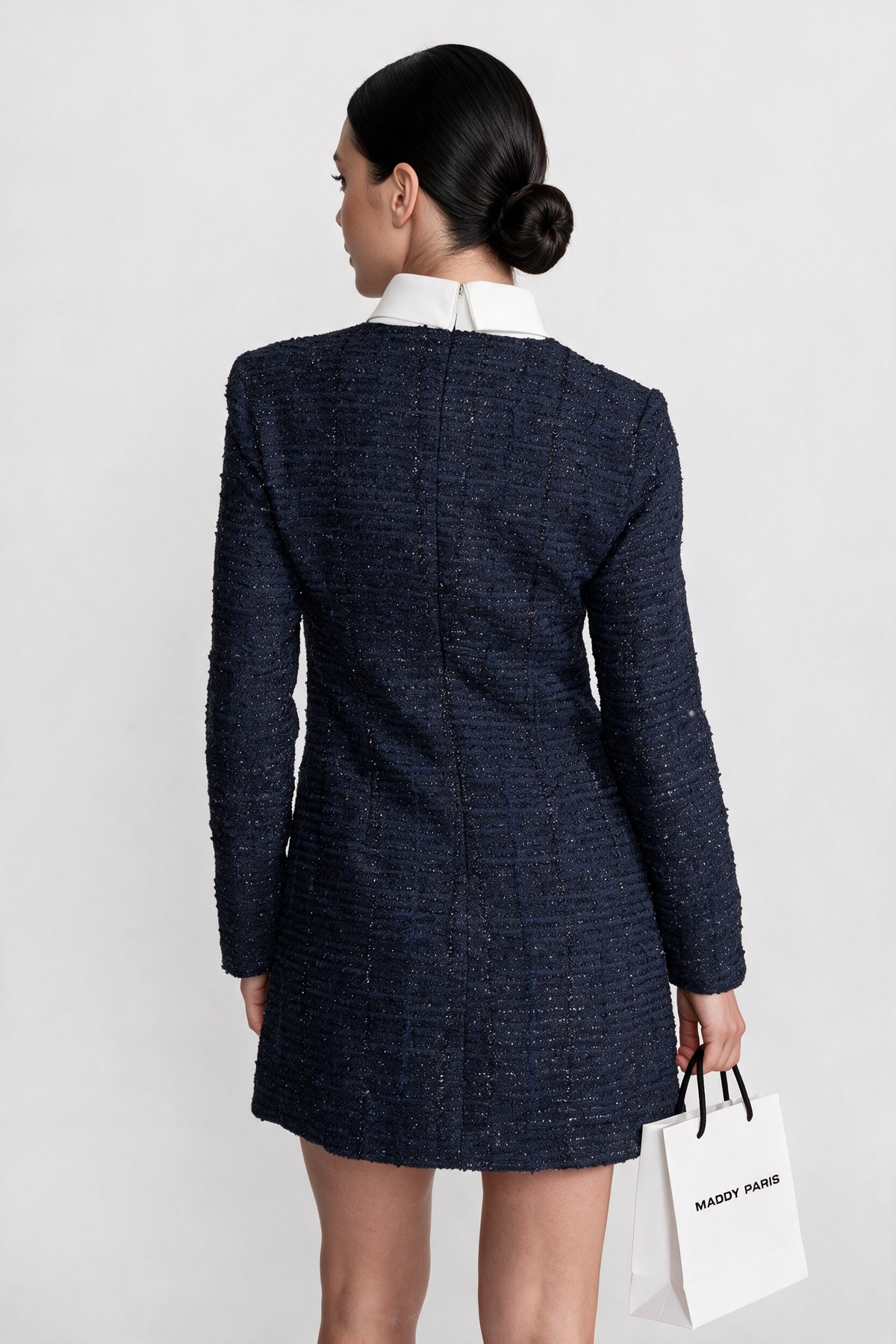 Textured Tweed Mini Dress with Crystal Button Embellishments – Navy