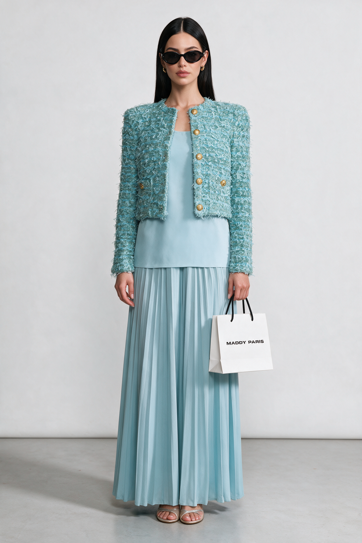 Textured Tweed Jacket With Gold Button Embellishments – Blue