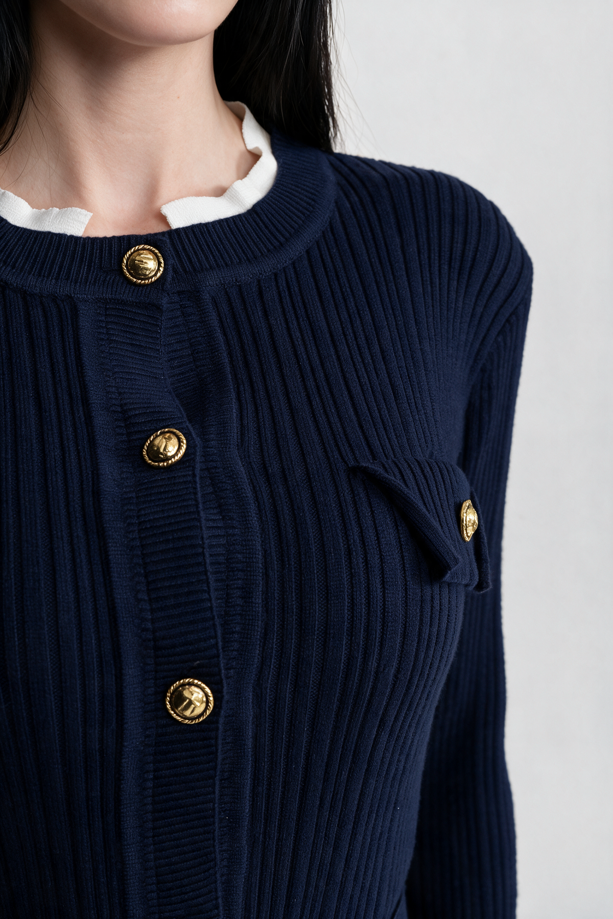 Ribbed Knit Midi Dress with Pleated Skirt and Belted Waist – Navy
