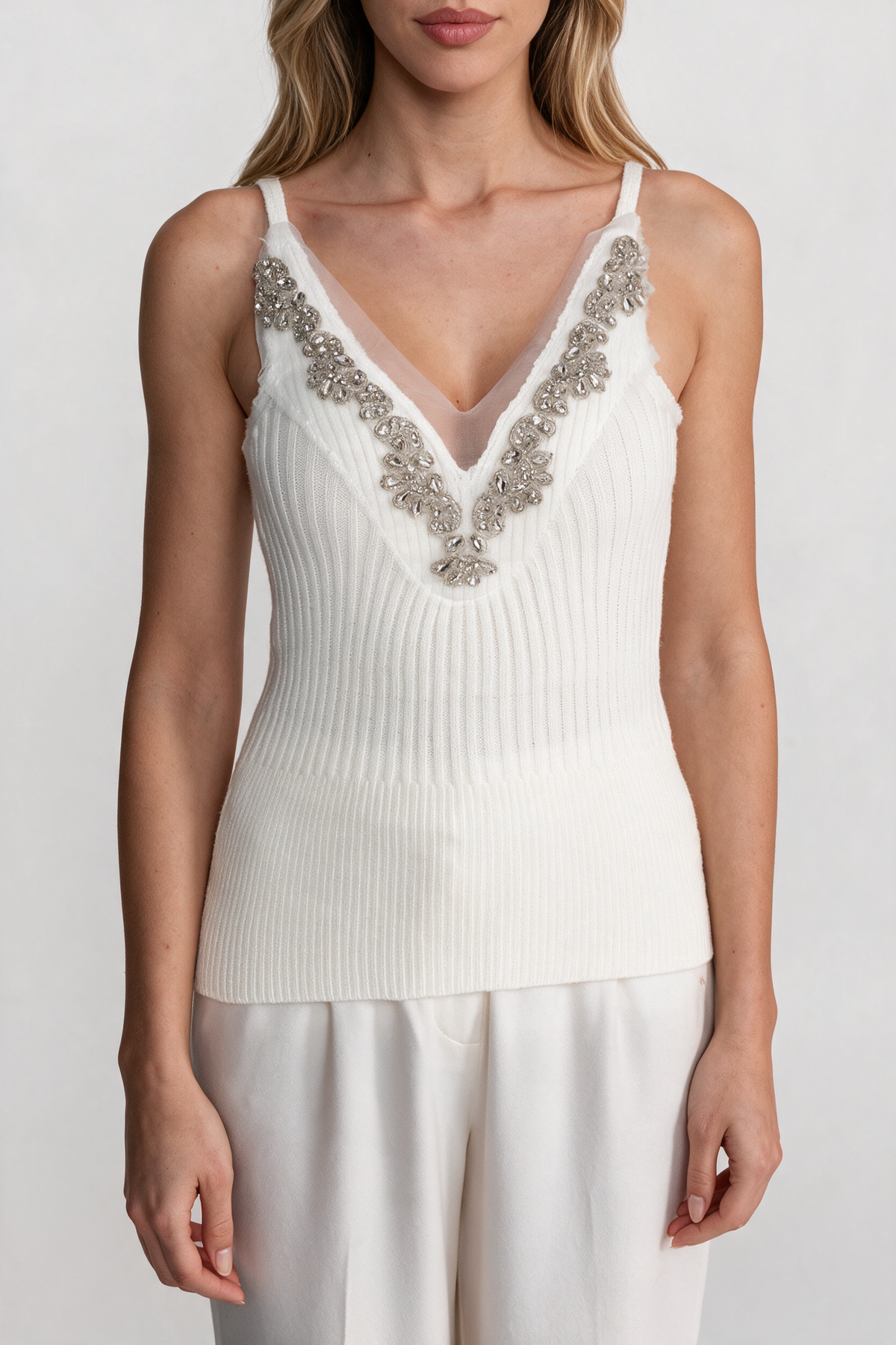 Knit Two Piece Set With Crystal Embellishments And Trim Cuffs - White