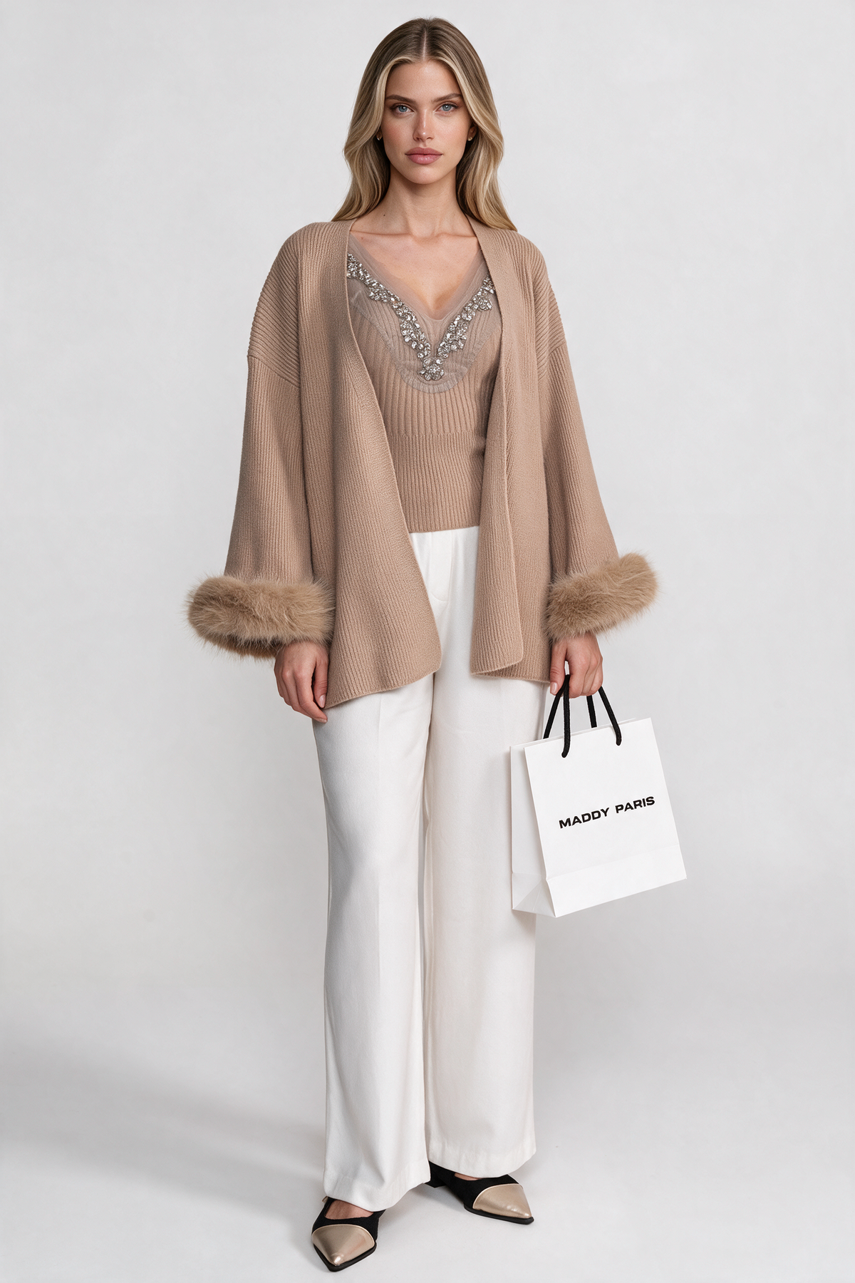 Knit Two Piece Set With Crystal Embellishments And Trim Cuffs - Beige