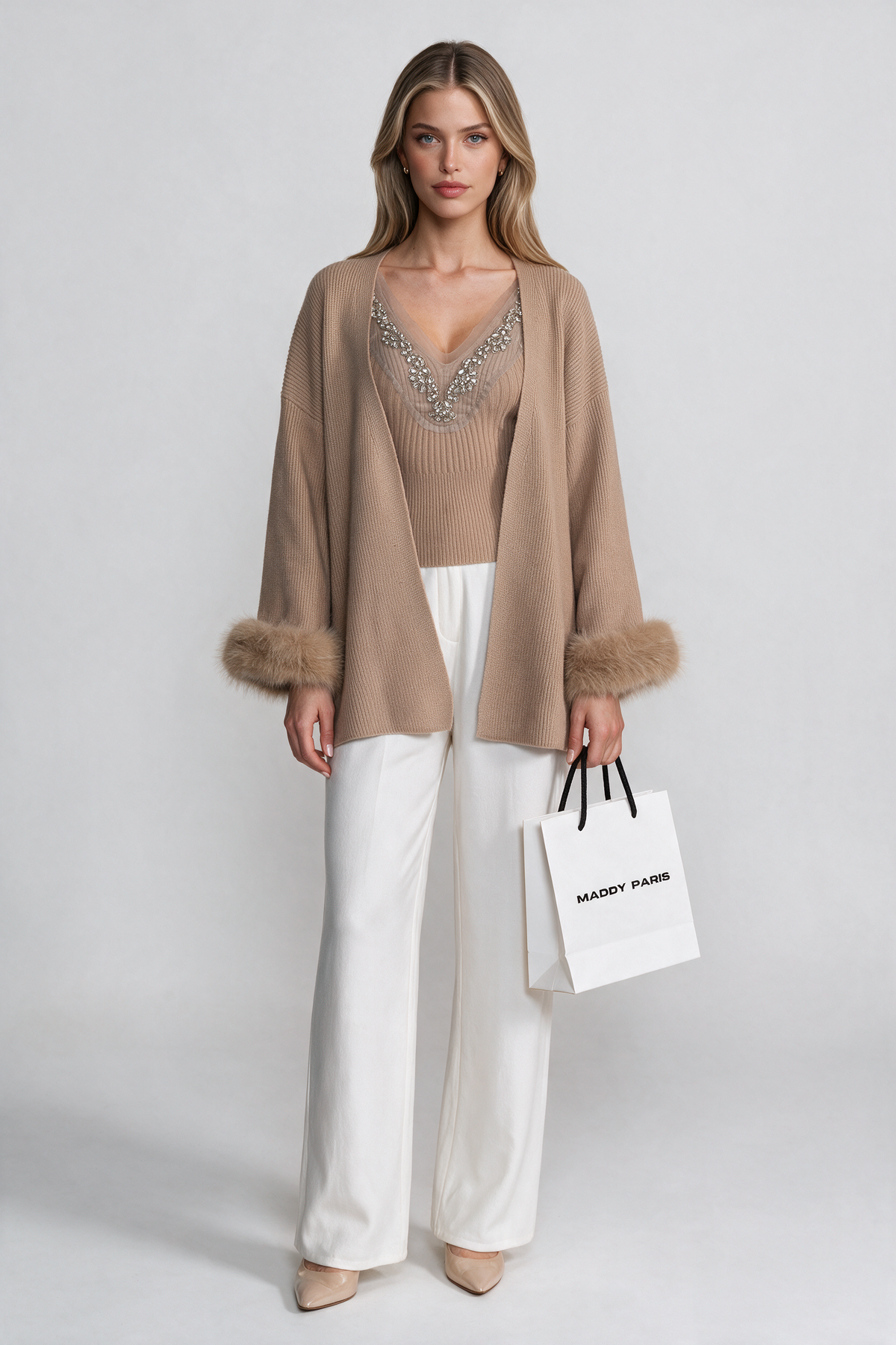 Knit Two Piece Set With Crystal Embellishments And Trim Cuffs - Beige