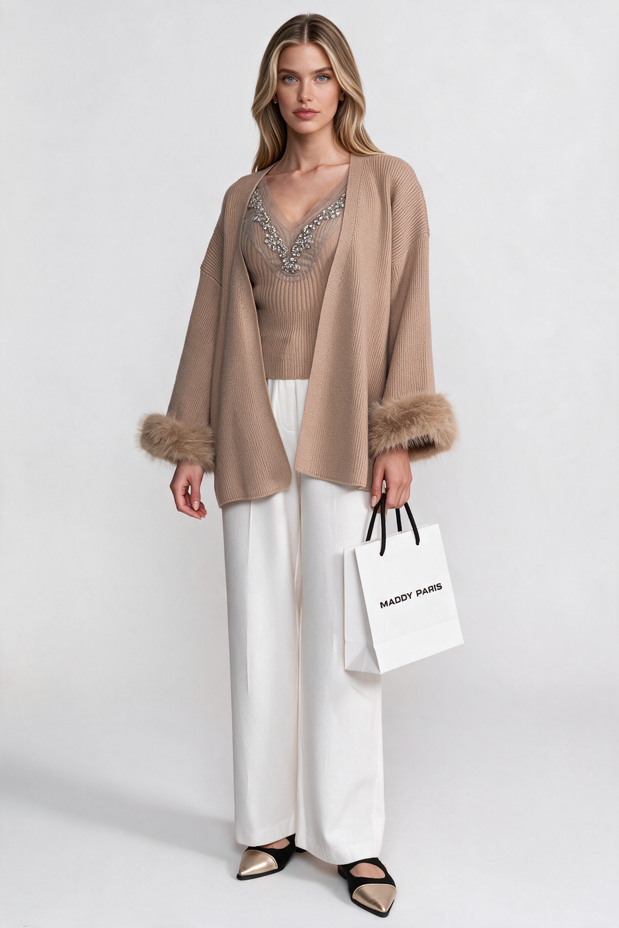 Knit Two Piece Set With Crystal Embellishments And Trim Cuffs - Beige