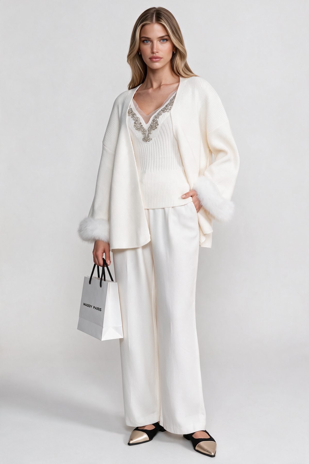 Knit Two Piece Set With Crystal Embellishments And Trim Cuffs - White