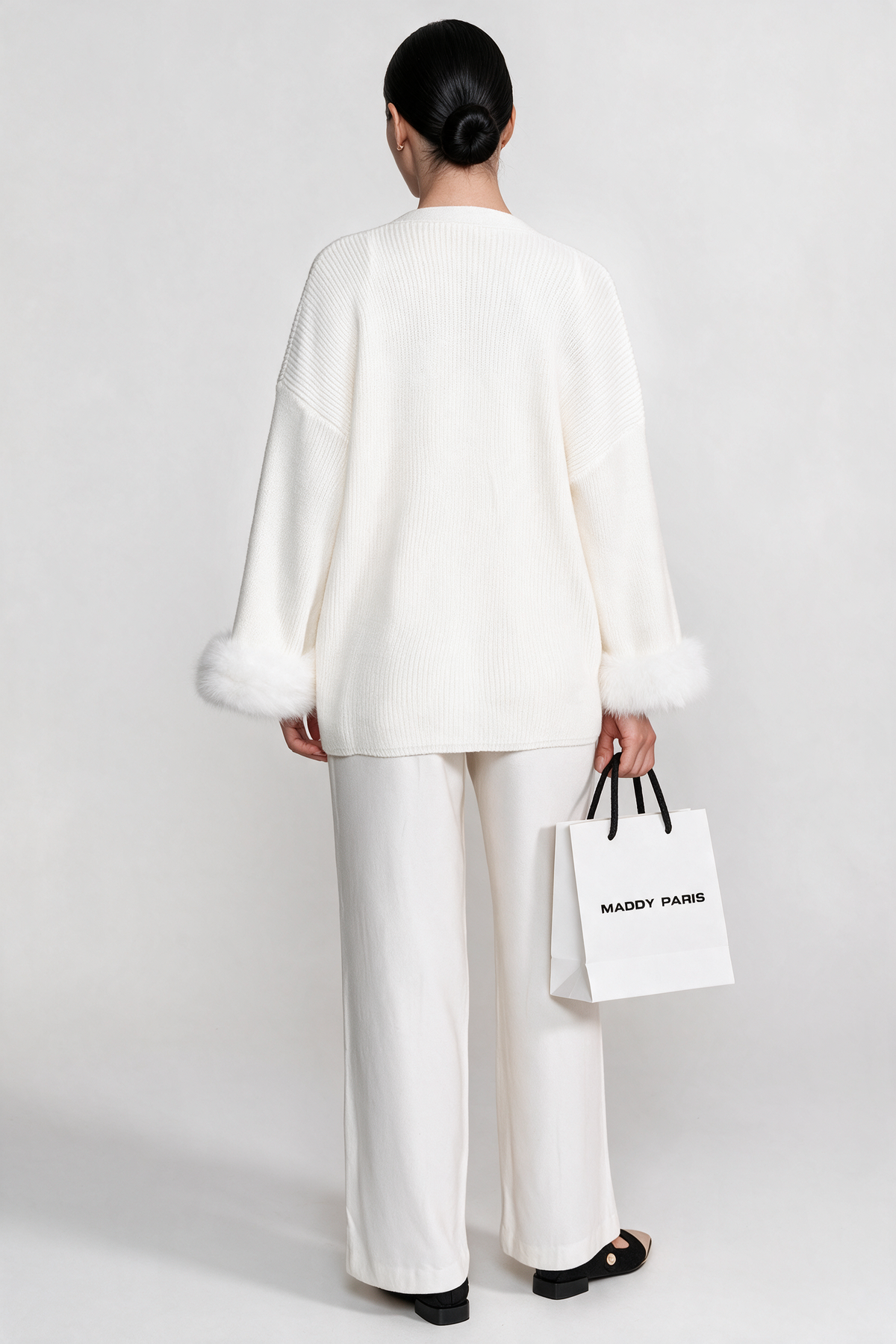 Knit Two Piece Set With Crystal Embellishments And Trim Cuffs - White